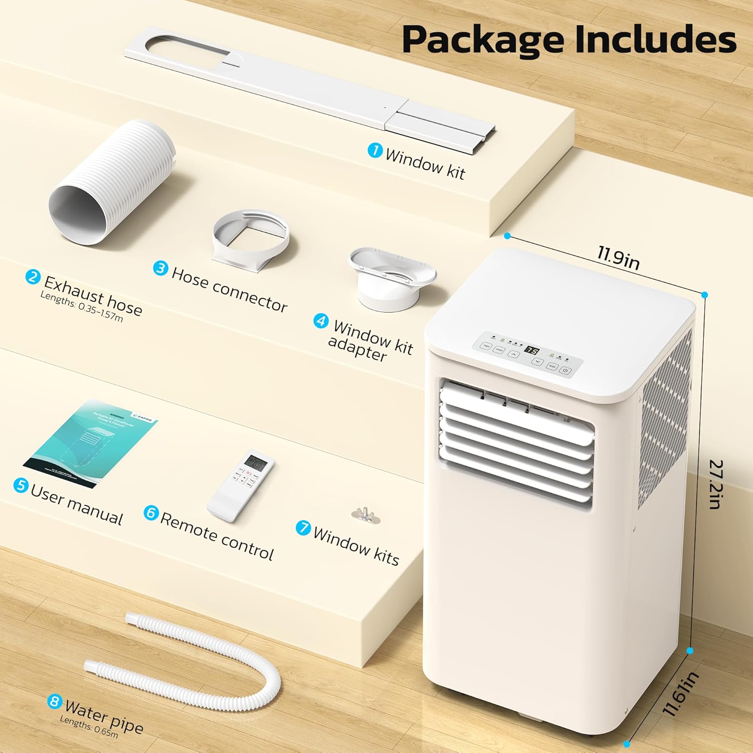 ZAFRO 8,000 BTU Portable Air Conditioners, 4 Modes Portable AC Unit Built-in Cool/Dehumidifier/Fan/Sleep, 24Hrs Timer, for Bedroom/Indoor Rooms, White