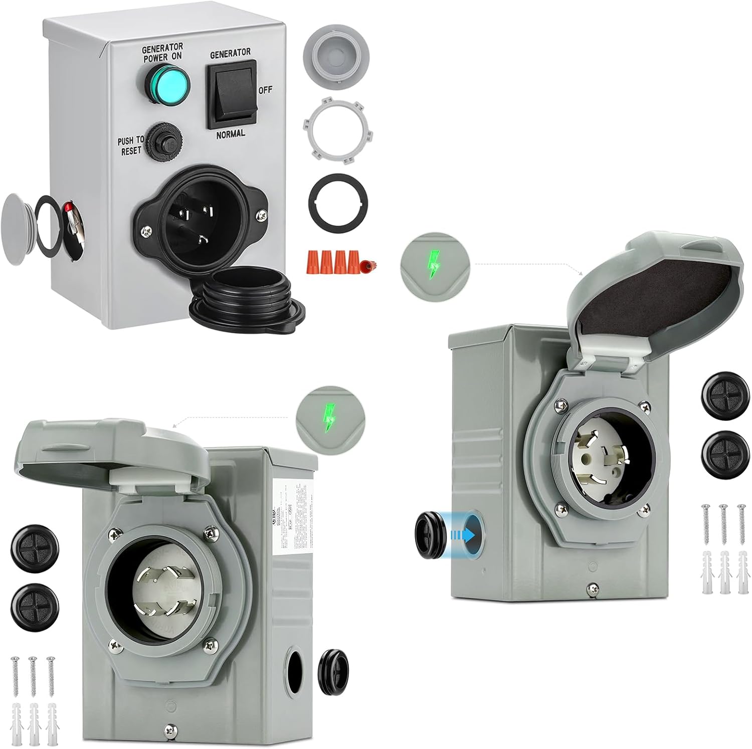 Bundle| 30 Amp + 50 Amp Generator Power Inlet Box + Generator Transfer Switch 15 Amp