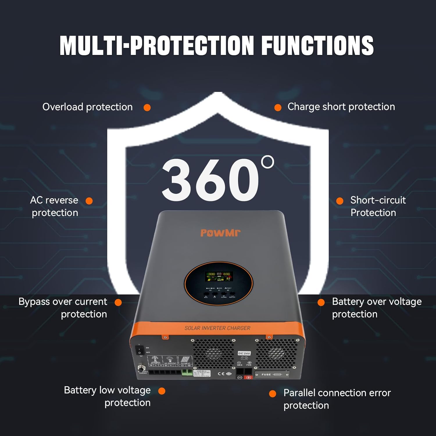PowMr 3000W Hybrid Solar Inverter,24VDC to 110VAC, Low Frequency Inverter w/Built-in 60A MPPT Charge Controller, Pure Sine Wave for 24V Lead-Acid and Lithium Battery, Peak Power:9000W