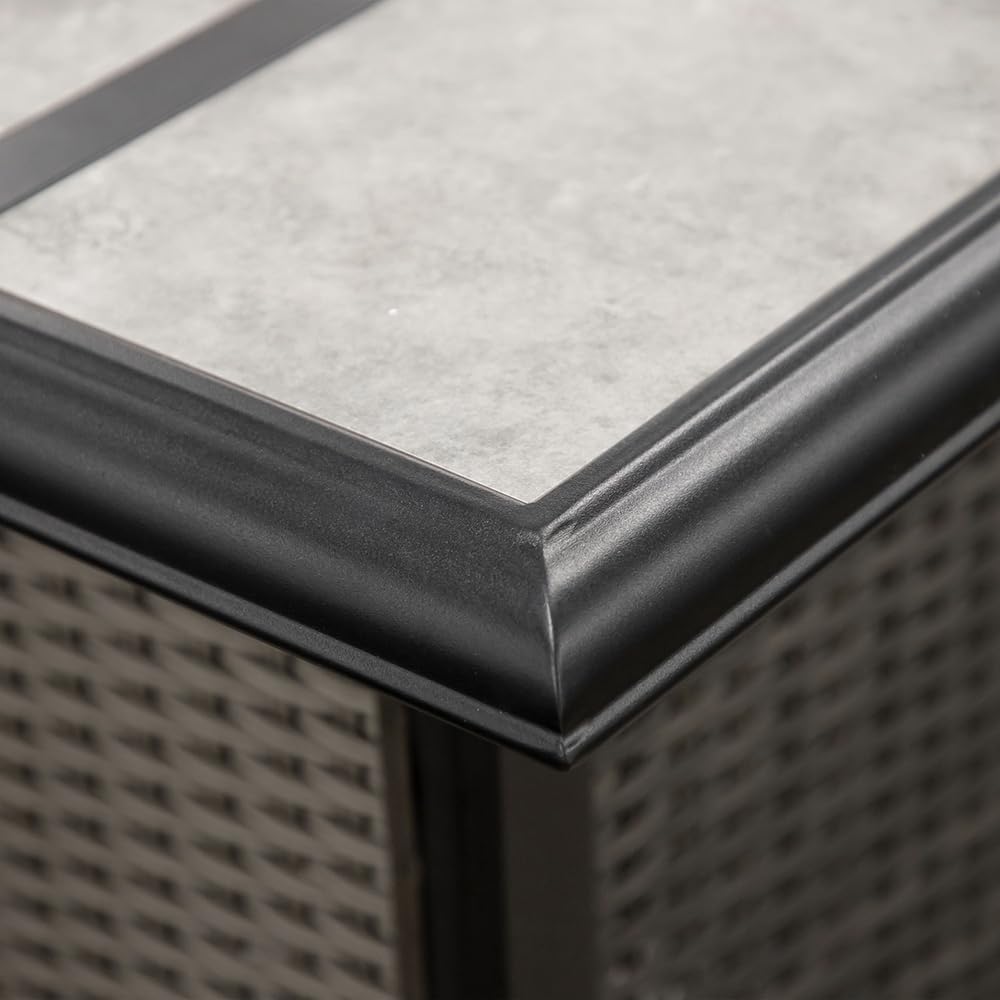 Greemotion USA Arosa Outdoor Bistro Set 3-Piece Bar Height Fire Pit Brown Wicker Rattan with Swivel Chairs and 50000 BTU Gas Firepit Table Flame Box Backyard Garden Patio, Gray and Black