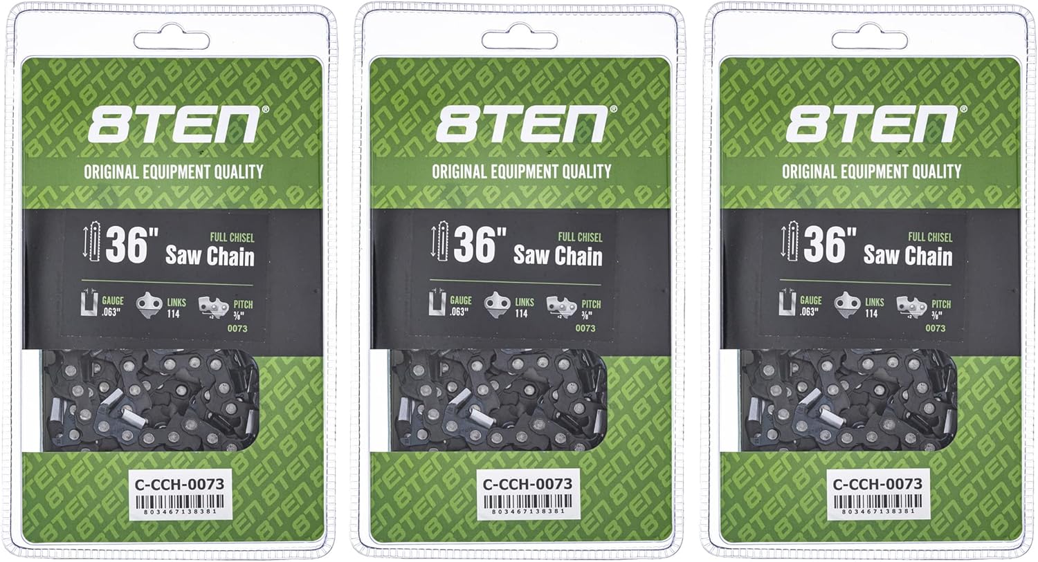 8TEN Full Chisel Chainsaw Chain 36 Inch .063 3/8 114DL for Stihl MS 290 360 440 (3 Pack)