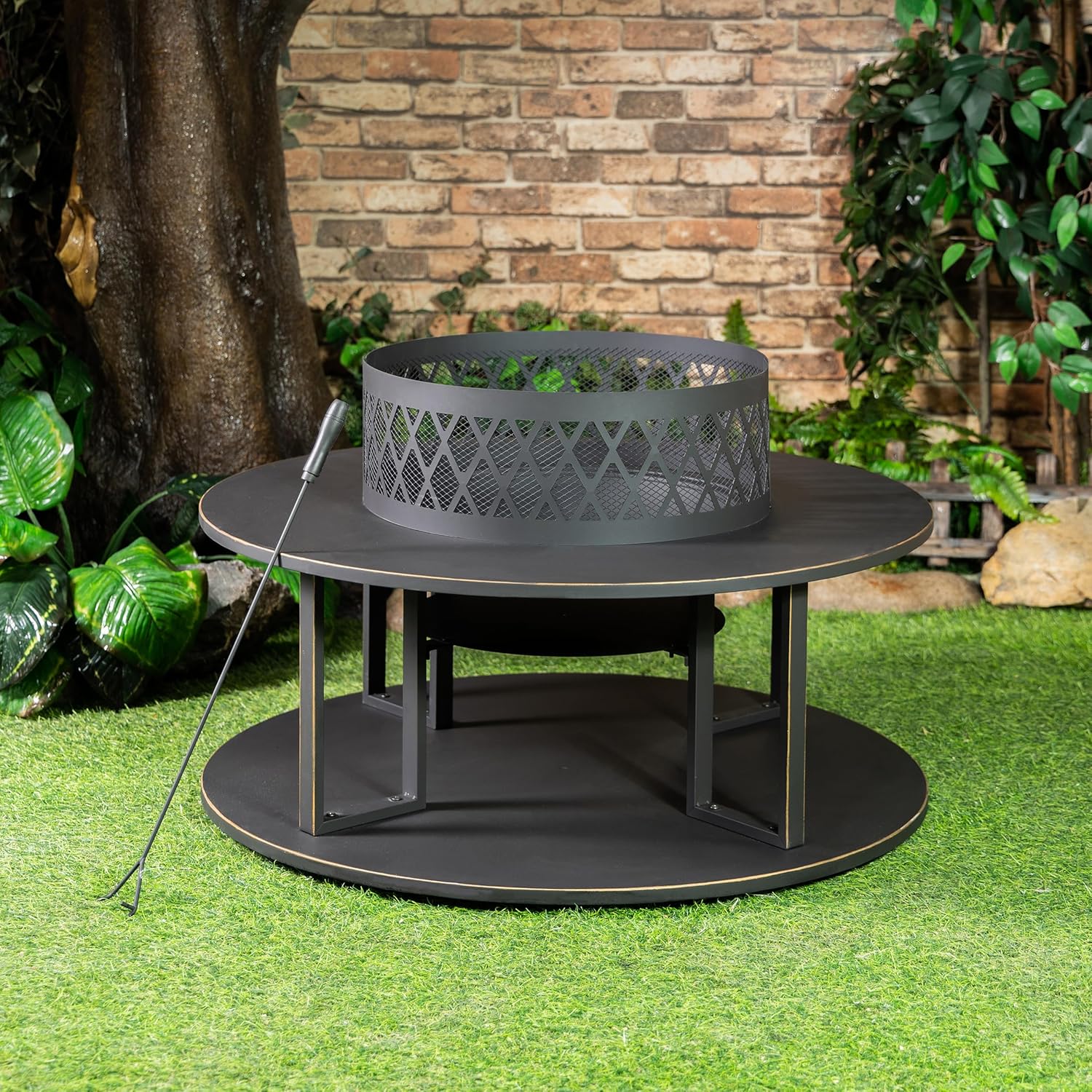 38 Inch Outdoor Fire Pit with Log Storage - Durable Construction, Rust Resistant, Removable Fire Grill and Fire Pan and Includes Fire Hook