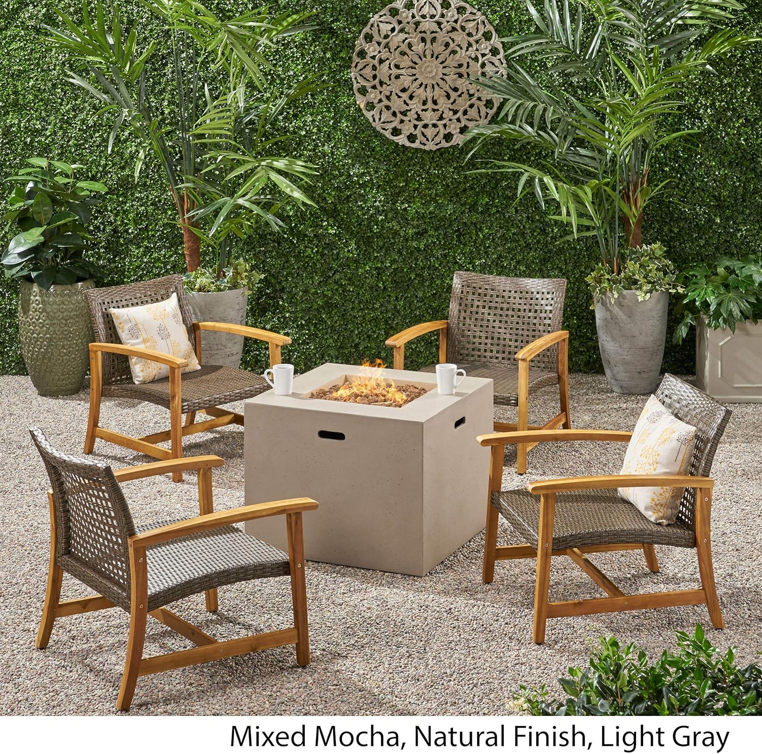 GDFStudio Outdoor 5 Piece Wood and Wicker Club Chairs and Fire Pit Set, Mixed Mocha and Light Gray