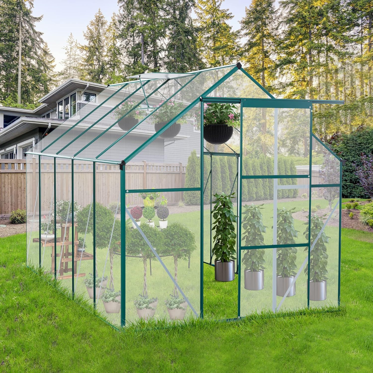 6X10 FT All Season Heavy Duty Walk-in Greenhouses, Outdoor Polycarbonate Plants Green House for Backyard Garden, Sliding Door Raised Base Anchor Aluminum, Green