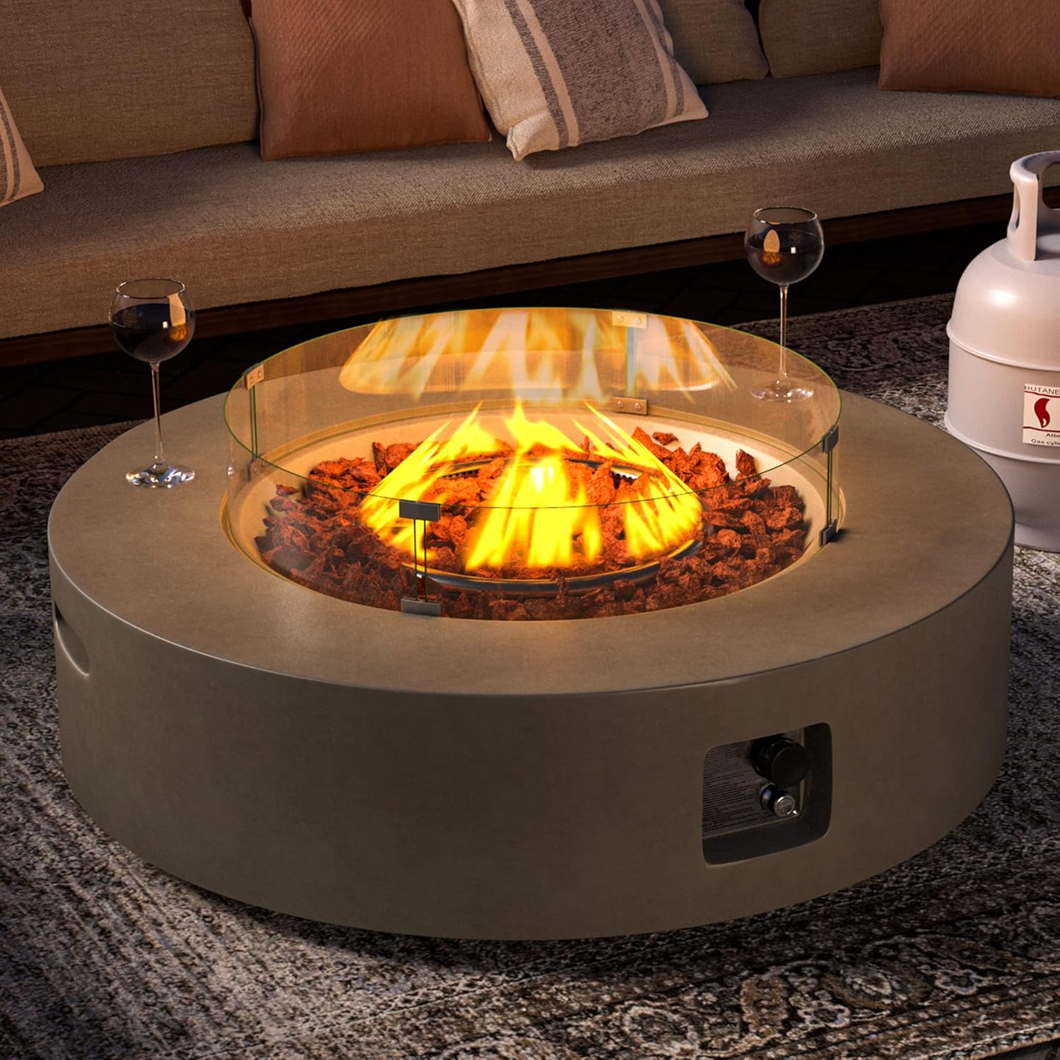 SUNBURY Outdoor Propane Burning Fire Pit, Circular Gray Patio Fire Table 50,000 BTU w Lava Rocks, Glass Wind Guard, Waterproof Cover