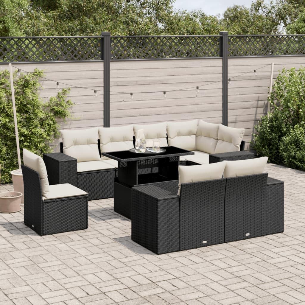 Garden Sofa Set Black PE Rattan 9-Piece Modular Outdoor Patio Furniture, All-Weather Steel Frame, Customizable Layout for Deck, Balcony, Terrace