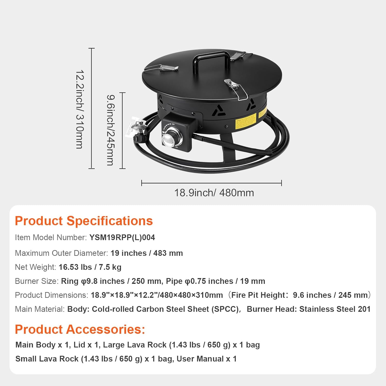 Happybuy Propane Fire Pit, 19-Inch Diameter, Portable with Cover & Lava Rocks, Adjustable Flame, 58,000 BTU, Black