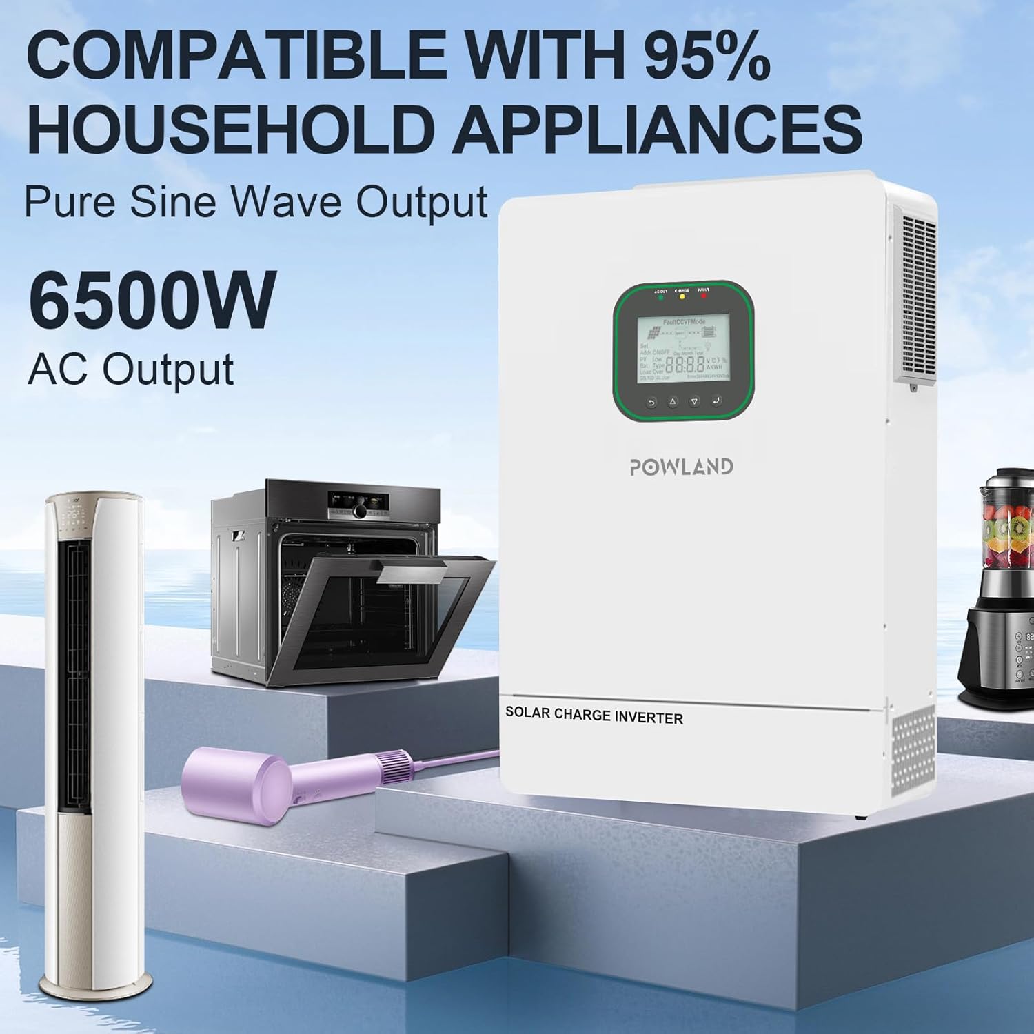 POWLAND 6500W Solar Hybrid Inverter Charger 48V DC to 120V AC Split Phase Power Inverter,Built in 120A MPPT Charge Controller,Work with 48V Lead Acid/LiFePO4,Support Parallel up to 6 inverters