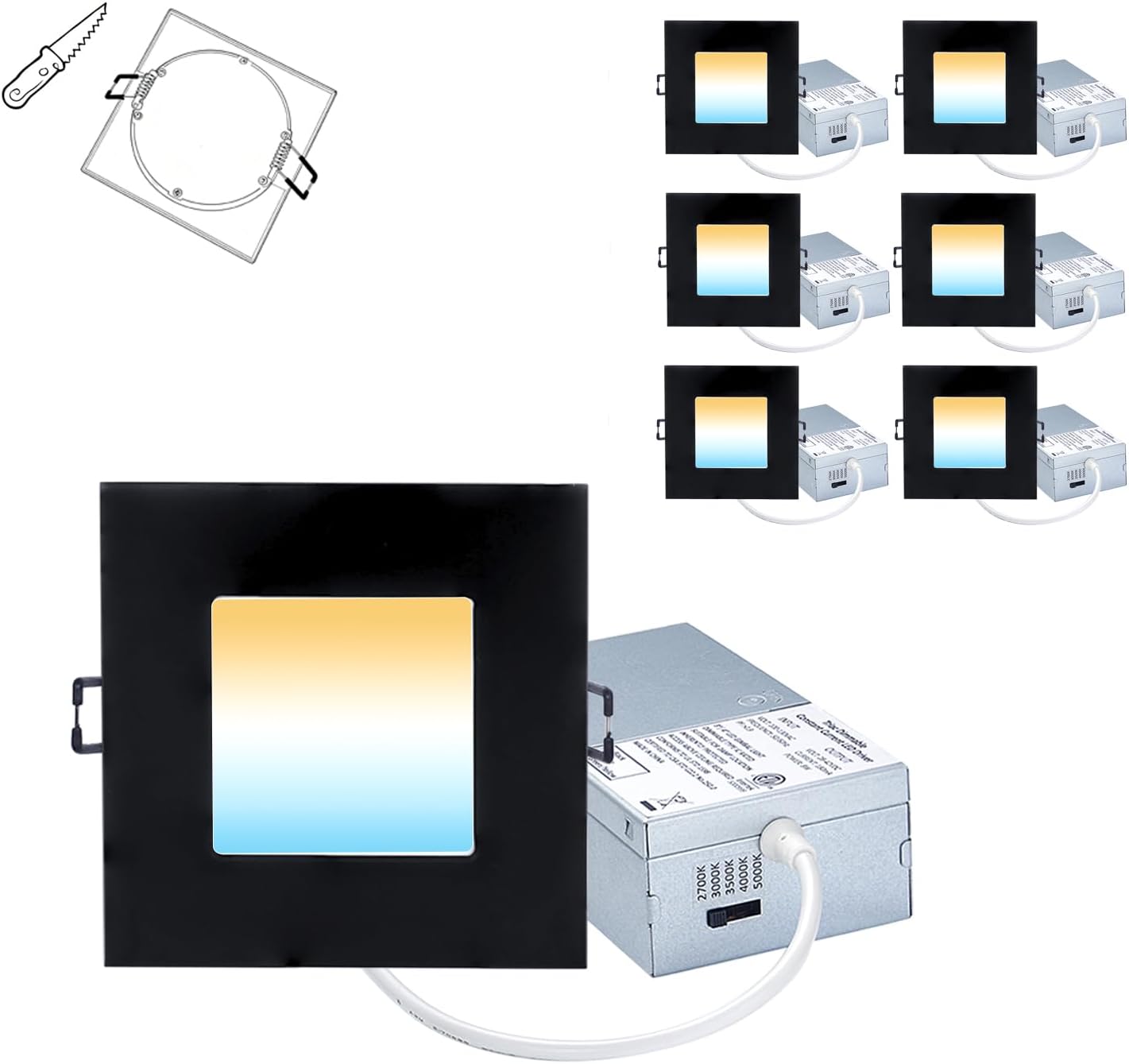 Recessed Lighting 4-inch Square-LED - Canless Recessed Light Fixture, Dimmable Ceilling Light with Junction Box, 2700|3000|3500|4000|5000K, 9W, Black, 6P