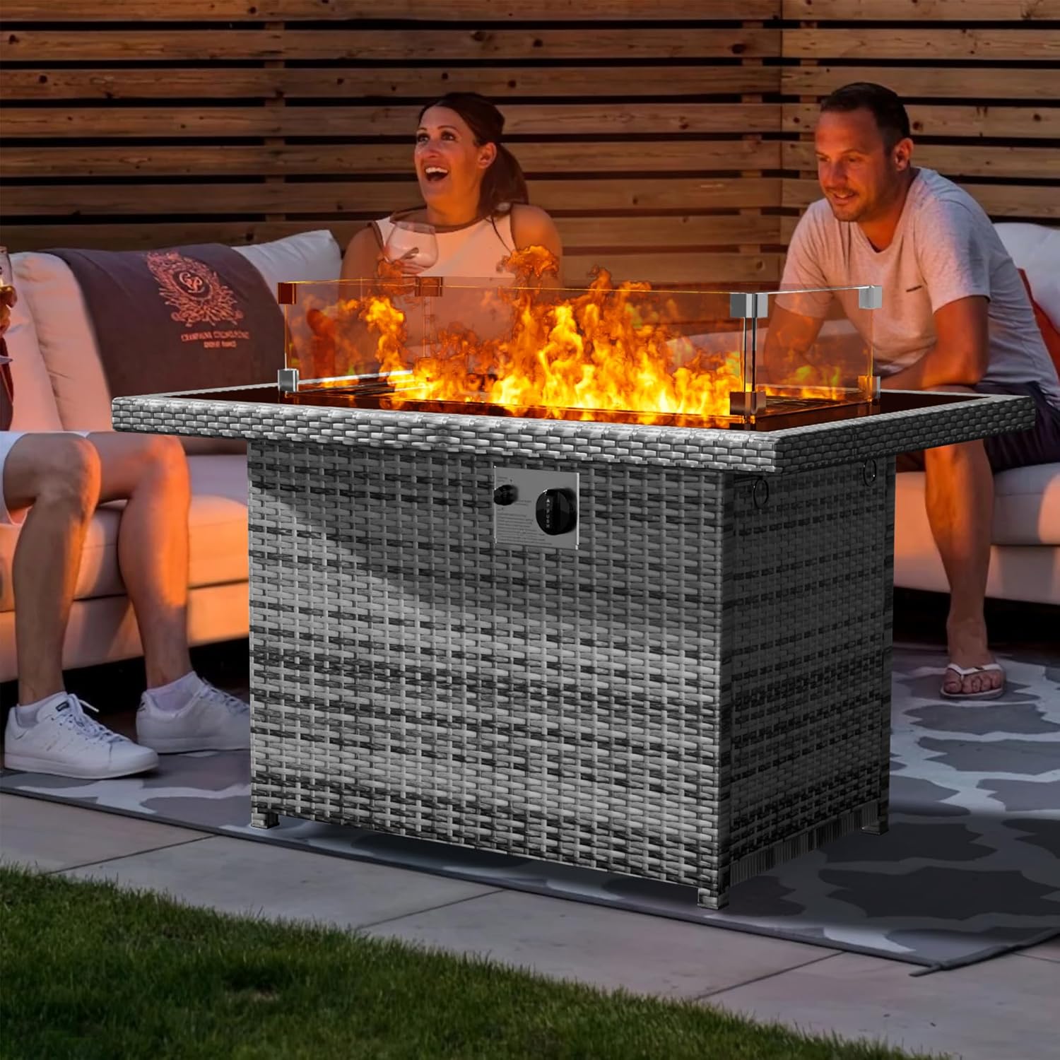Yoyomax 44-Inch Firepit Table with Hand-Weave Rattan, Aluminum Frame, Wind Guard, Waterproof Cover, and Fire Beads - Perfect for Outdoor Patios, Gardens, and Hotels with 60,000 BTU Flame