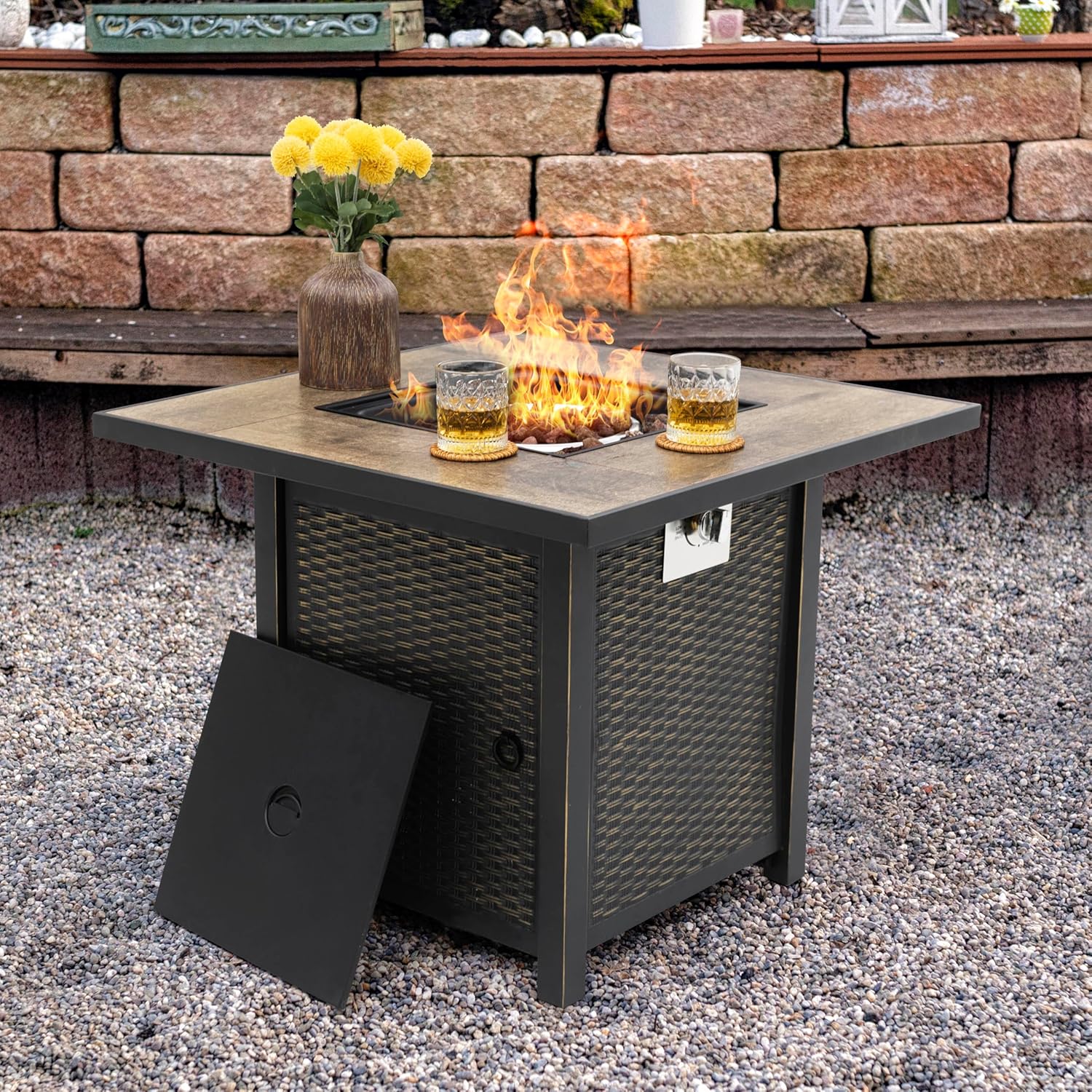 Nuu Garden 30 Inch Outdoor Propane Fire Pit Table, 50,000 BTU Square Gas Fire Table with Ceramic Tabletop, Lid, Cover and Lava Rock for Patio Outside Garden Backyard Party, Brown
