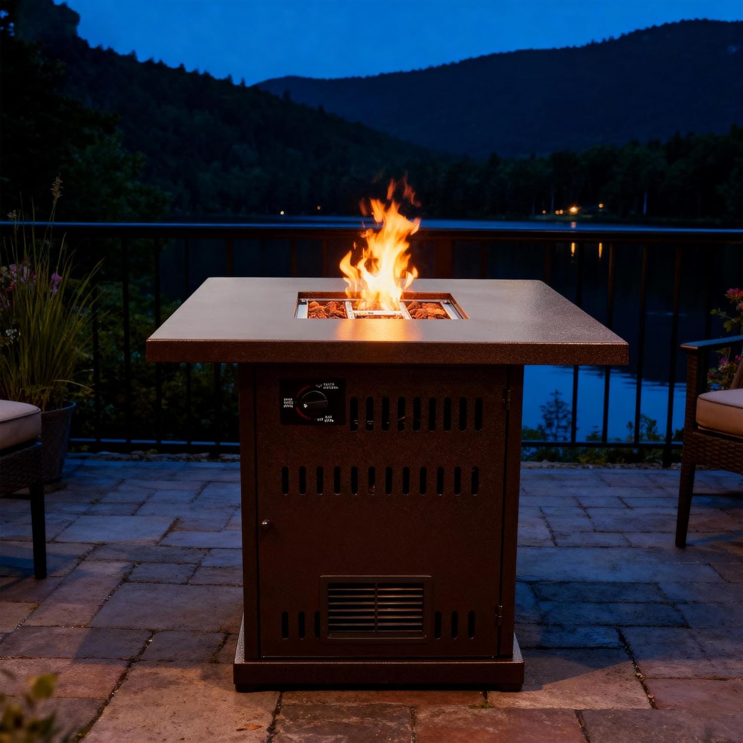 28 Inch Square Propane Fire Pit Table, 50,000 BTU Brown Steel Outdoor Fire Pit for Patio with Lid & Rocks, Portable Gas Fire Pits for Outside Deck, Garden Courtyard Camping Use, Only Table - W429