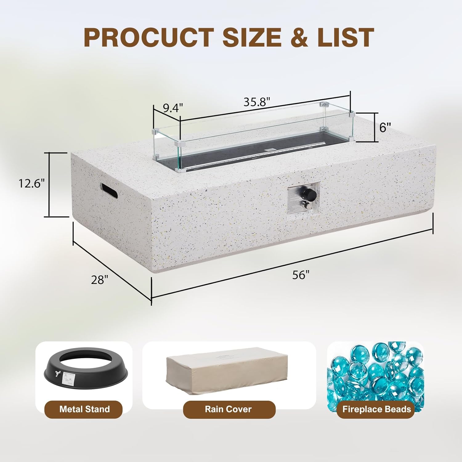 2-Piece Outdoor Propane Fire Pit Table Set – Premium Terrazzo-Like MgO Finish, 56-Inch Gas Fire Table with Glass Wind Guard for Patio, Garden & Backyard, Includes Rain Cover & Glass Beads