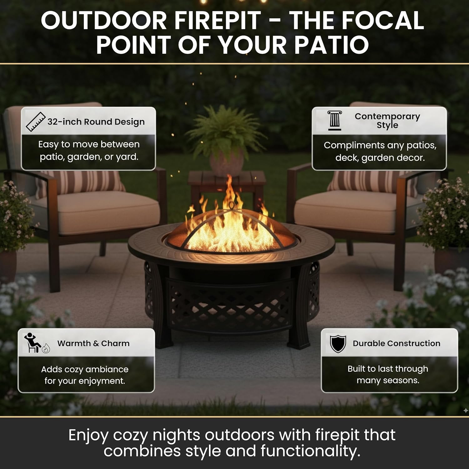Fire Pit - 32-Inch Outdoor Fireplace with Spark Screen, Poker, and Cover - Wood-Burning Fire Pit for Yard, Patio, or Camping by Pure Garden (Bronze)