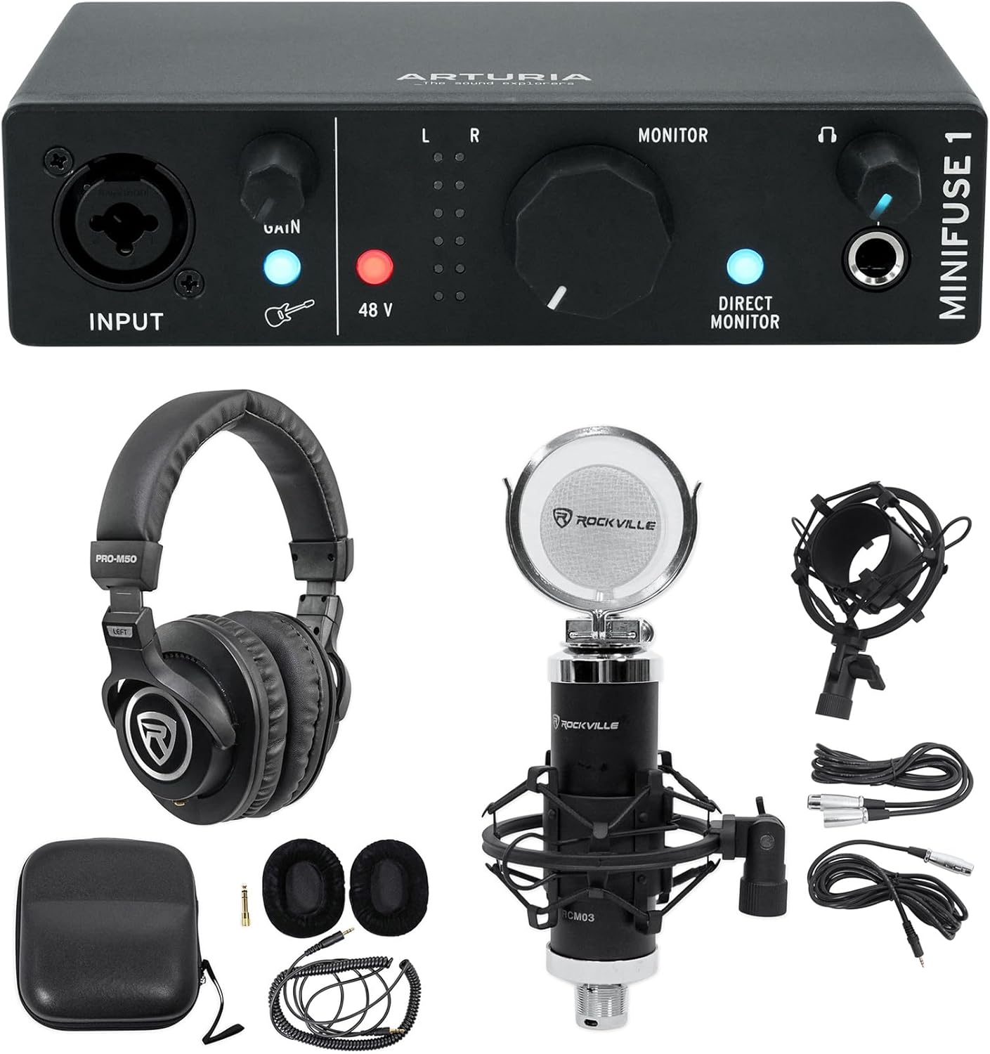 Audiosavings Bundle: Arturia Minifuse 1 Portable Solo Audio USB Recording Interface+Software Bundle with Rockville RCM03 Pro Studio Recording Microphone + Rockville PRO-M50 Studio Headphones (3 Items)