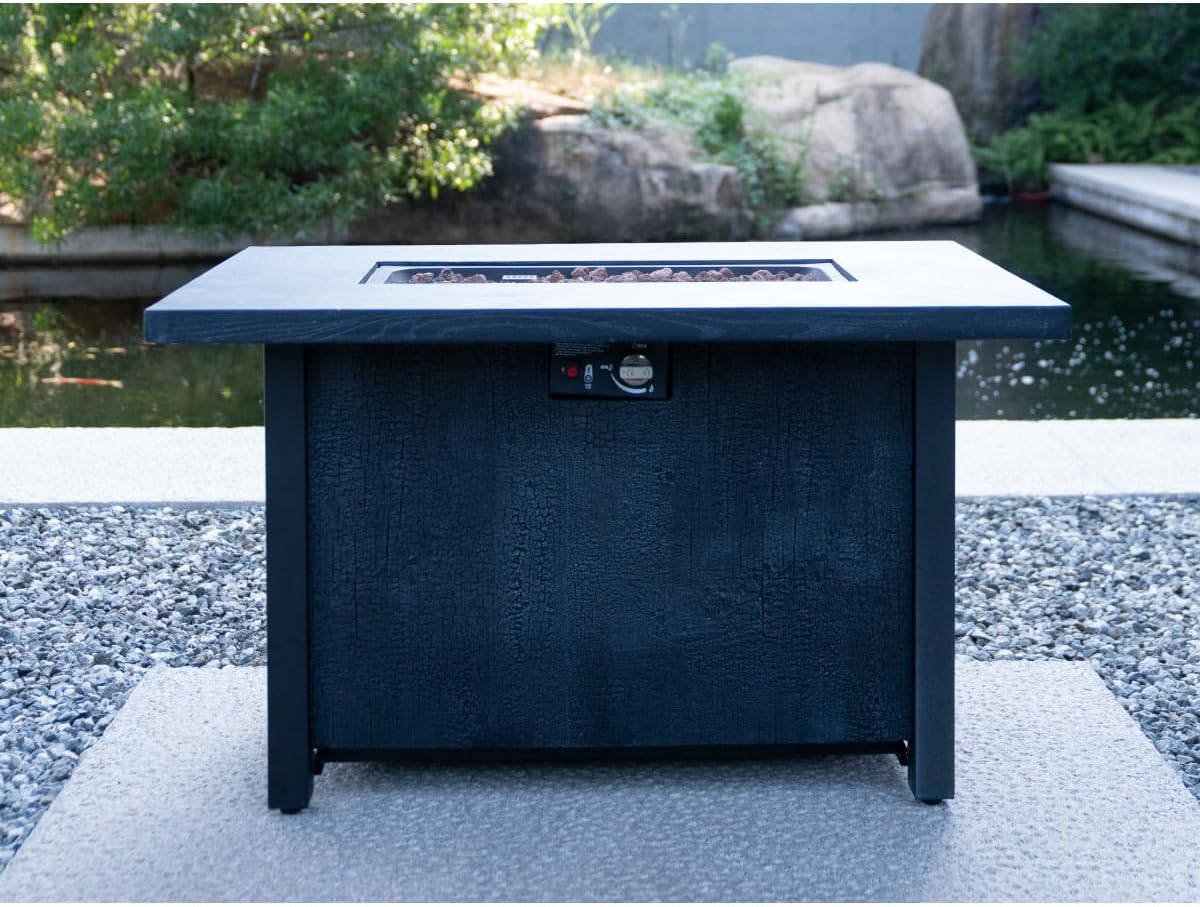 44-inch Square Propane Fire Pit Table, 50,000 BTU Outdoor Patio Heater with Charcoal Grain Texture & Table Cover, Black CSA Certified Gas Fire Pit for Garden