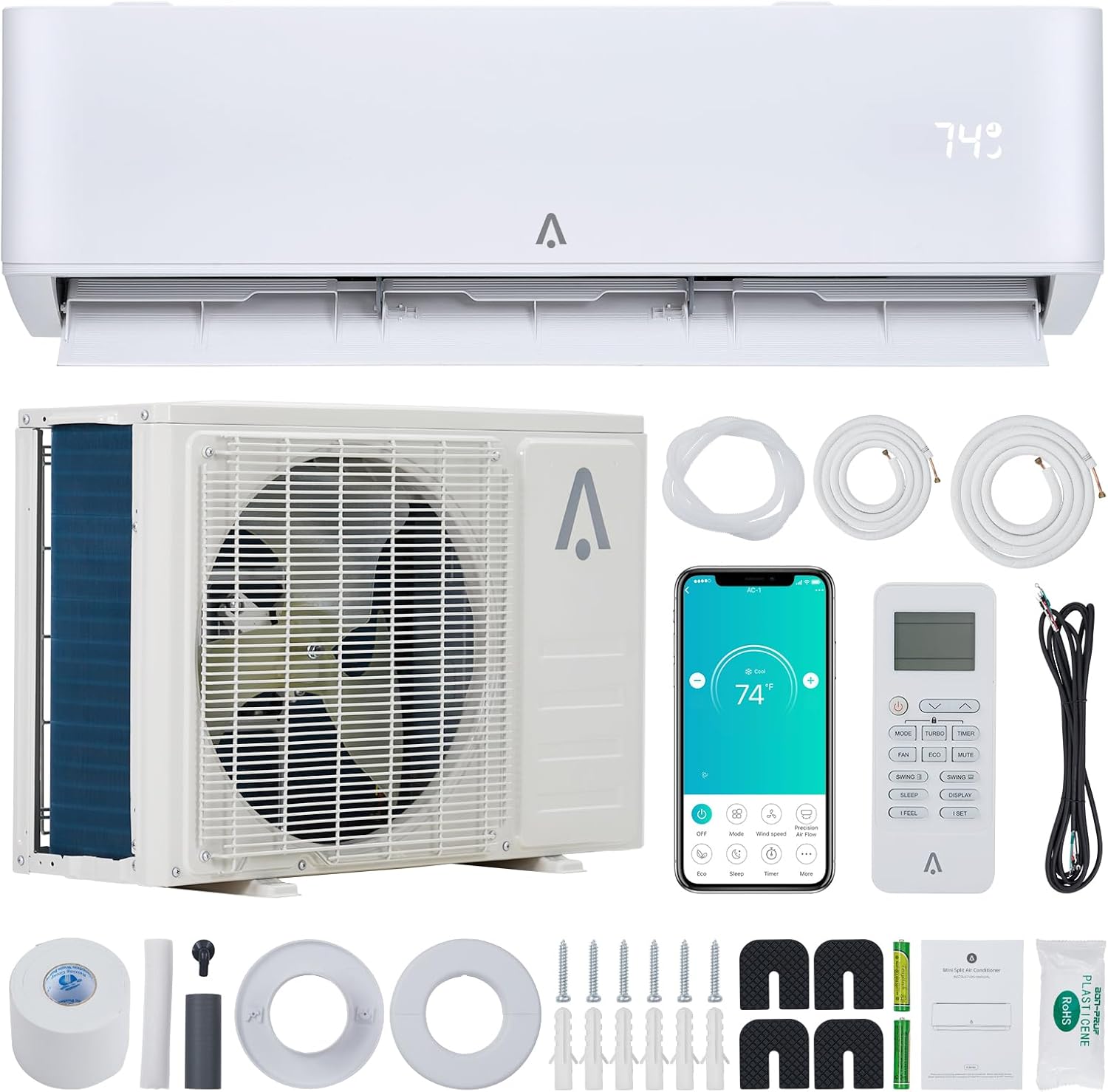 Zstar 24,000 BTU Mini Split Air Conditioner, 23 SEER2 WiFi Mini Split Ac/heating System, Inverter Ductless Air Conditioner with Pre-Charged & Installation Kits, Cools Room up to 1500 Sq. Ft, 208/230V