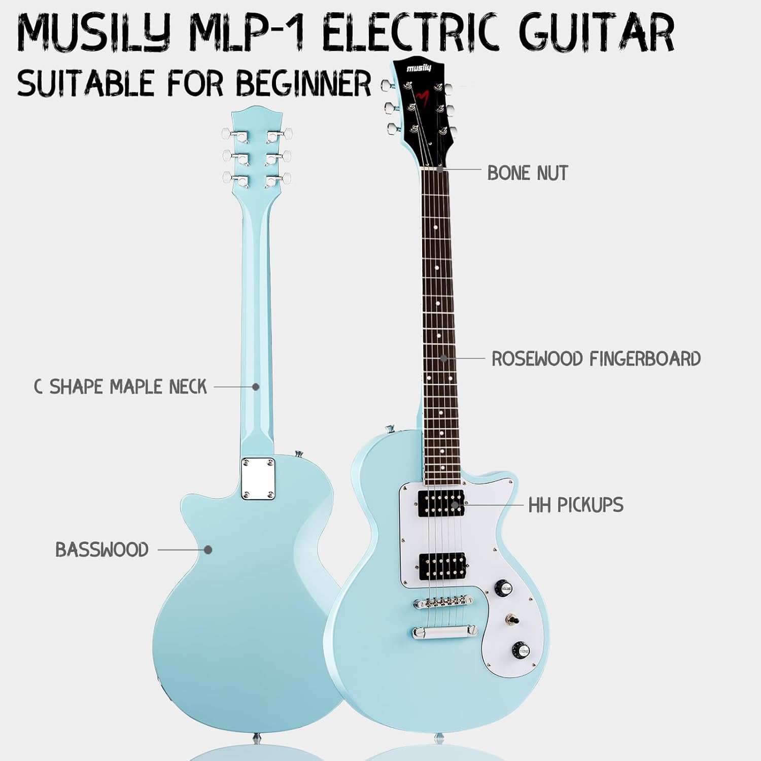 39 Inch Electric Guitar Kit, Beginner Full Size Solid Body Electric Guitar With HH Pickups, Gig Bag, Amplifier, Strap, Cable, Picks, String (Blue+Amp+Bag)