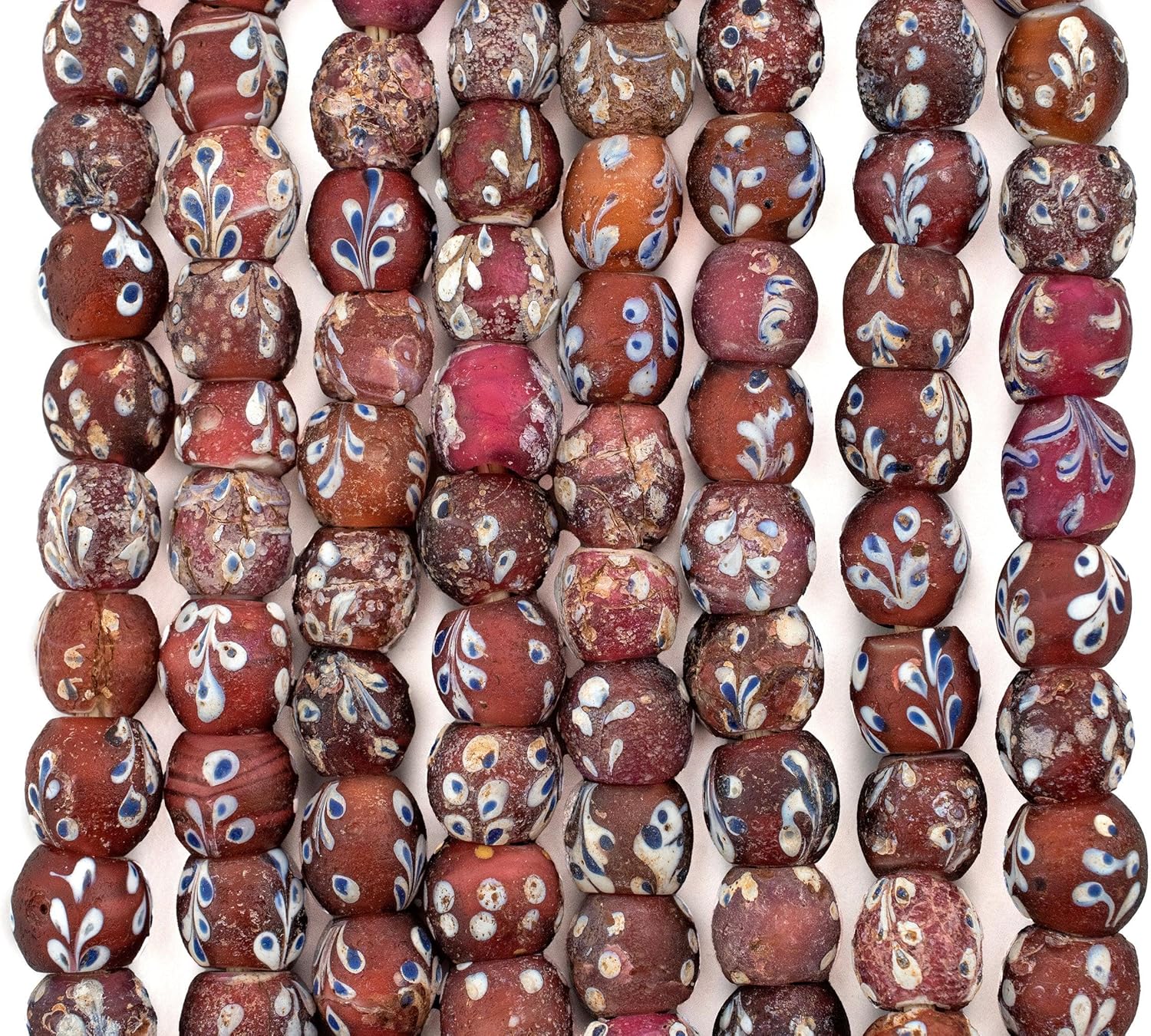 The Bead Chest Antique Venetian Flower White Heart Beads 11mm Ethiopia African Red Round Glass Large Hole 25 Inch Strand Handmade