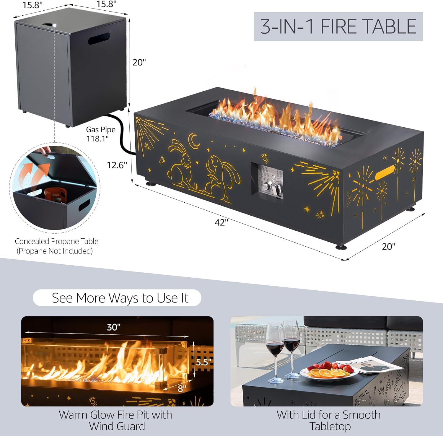 Propane Fire Pit Table for Outside Patio with Gas Tank Table, Contemporary Outdoor Firepit with Glass Rocks, Wind Guard and Cover, 42'' Fireplace All Weather Resistant, Dark Grey