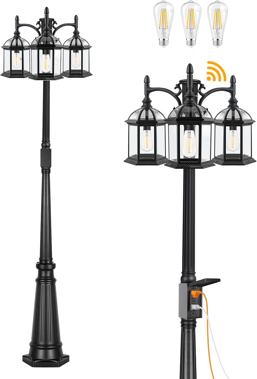 Dusk to Dawn Outdoor Lamp Post Light with GFCI Outlet, Triple Head Aluminum Street Light Post for Outside with Sensor, Waterproof Birdcage Pole Lighting Fixture for Backyard Garden Patio Driveway