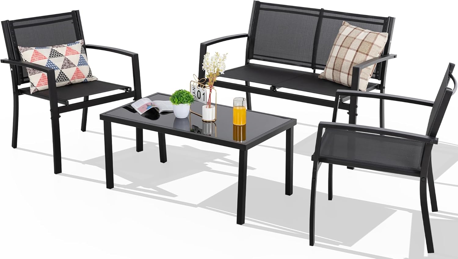 Shintenchi 4 Pieces Patio Furniture Set All Weather Textile Fabric Outdoor Conversation Set, with Glass Coffee Table, Loveseat, 2 Single Chairs for Home, Garden, Lawn, Porch（Black）