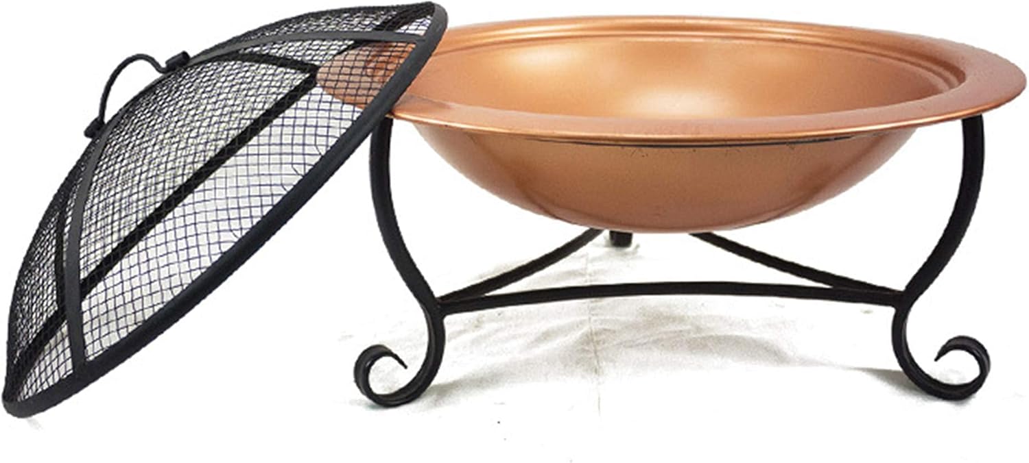 Garden Fire Pit Grill Bowl Grill Barbecue Rack Outdoor Fire Pit Bowl,Round Fire Pit Wood Burning,Patio Firebowl with Spark Screen-20 Inch Fire Bowl with Metal Tripod,Rose Gold Color