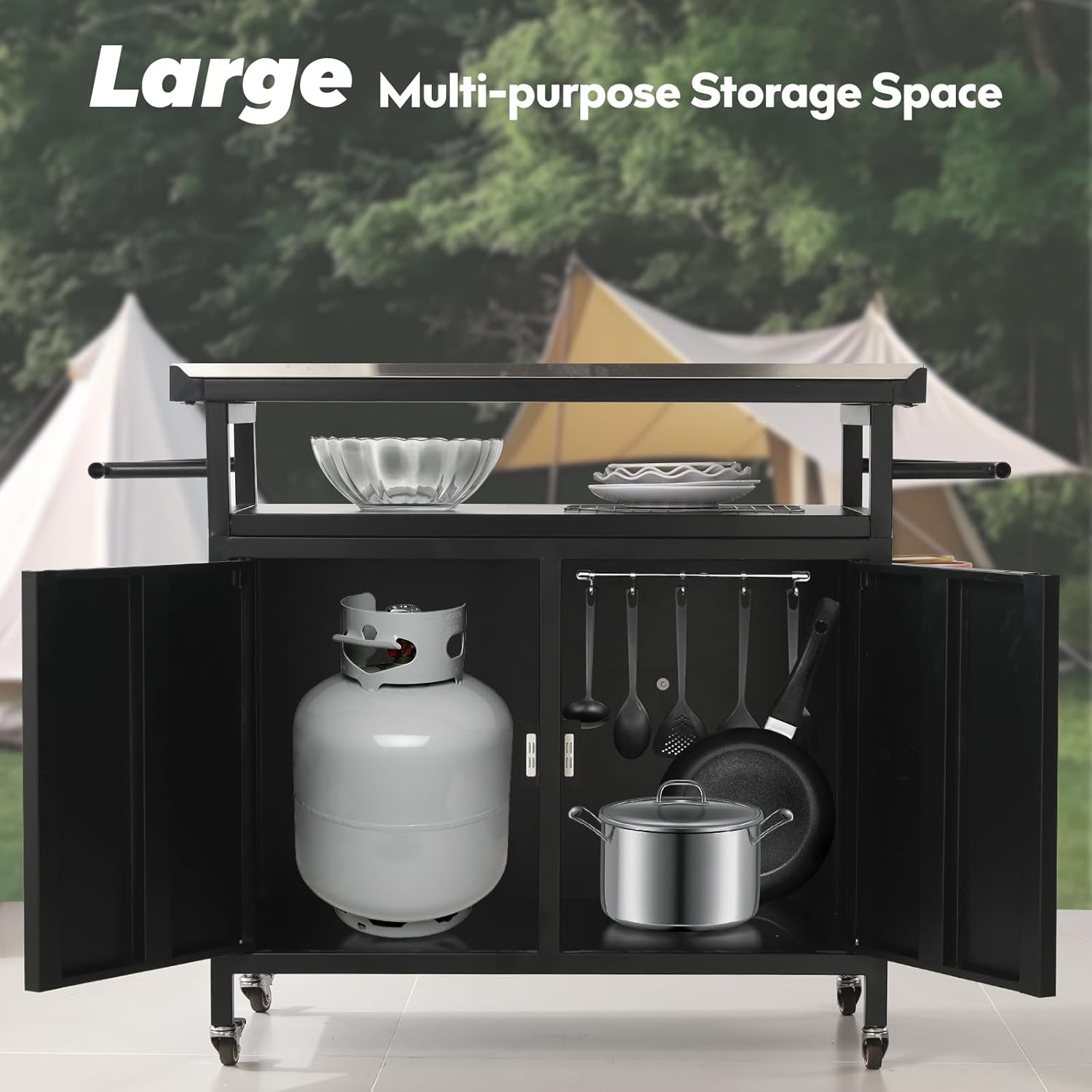 Nexaio XL Rolling Bar Grill Cart Outdoor Patio Furniture, Outdoor Grill Table with Stainless Steel Top for Kitchen Prep and Outdoor Storage Cabinet for Grilling Accessories, Black