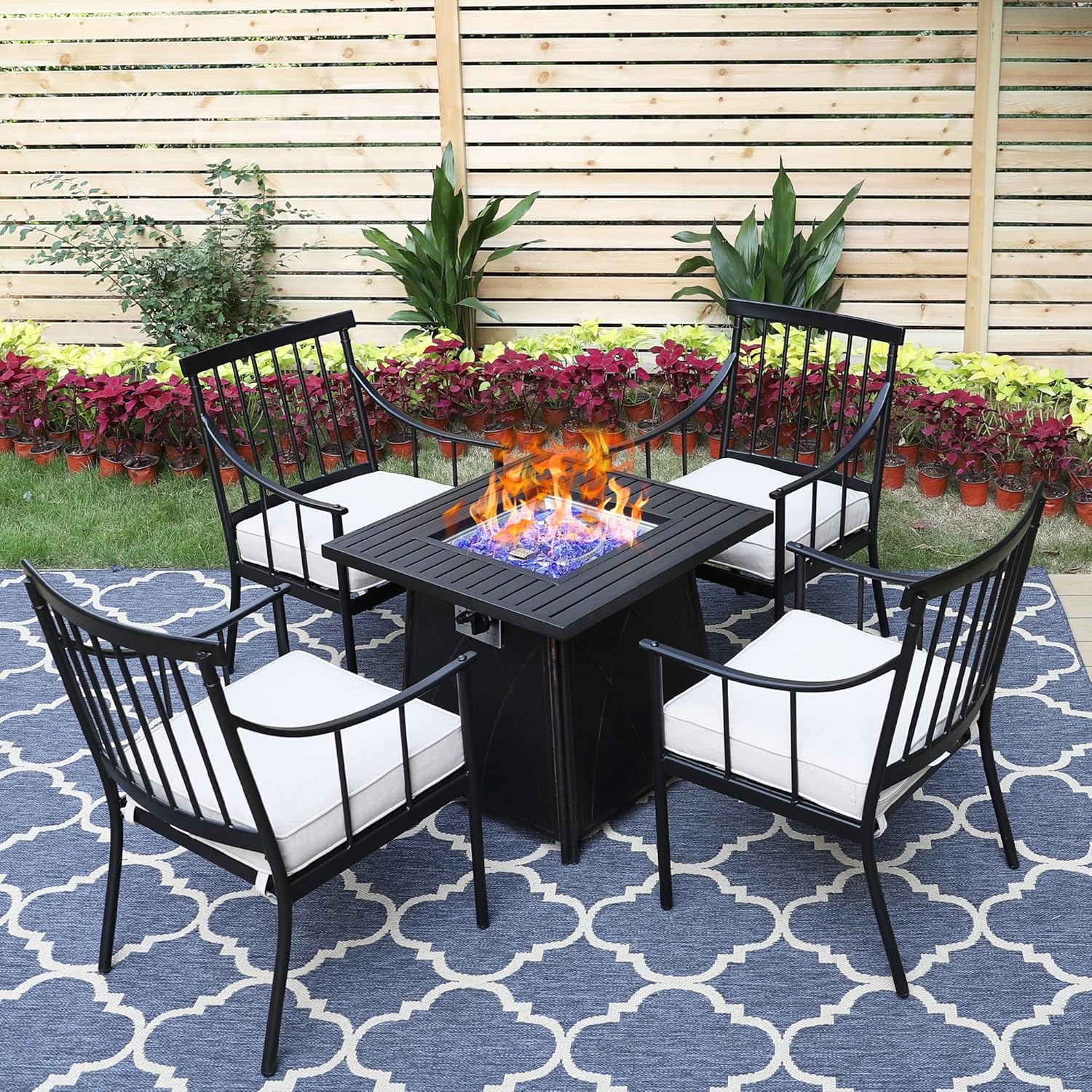 Sophia & William 5 Pieces Outdoor Dining Set with Fire Pit Table, Outdoor Patio Furniture Conversation Set with 4 Chairs & 50,000 BTU Square Propane Firepit Table for Porch Deck