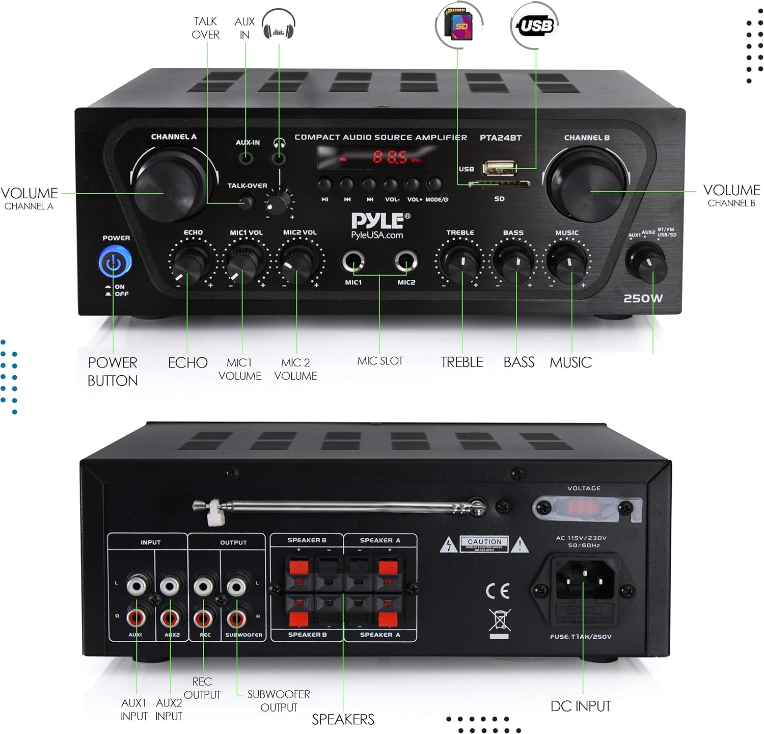 Pyle 2-Channel Bluetooth Home Stereo Amplifier - 250W Wireless Audio Receiver, Karaoke Optimized: Dual Mic In with Echo, Mic Talk-Over, FM Radio, USB-A MP3 Player, RCA, AUX, Remote Ctrl - PTA24BT