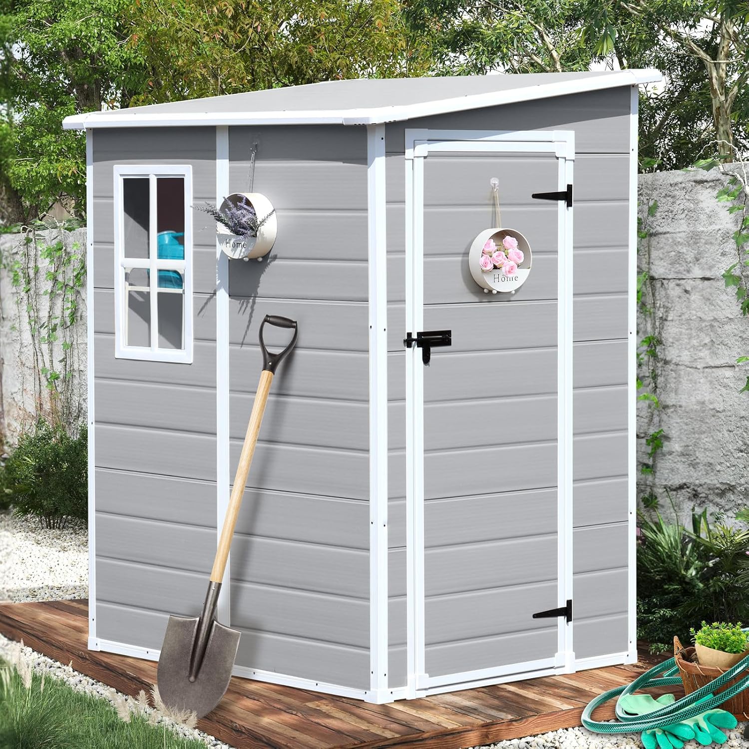 CDCASA 5x4 FT Storage Shed, Waterproof Resin Outdoor Storage Shed with Floor & Window & Lockable Door, Tool Shed for Garden Patio, Backyard,Lawn, All Weather Use, Light Gray