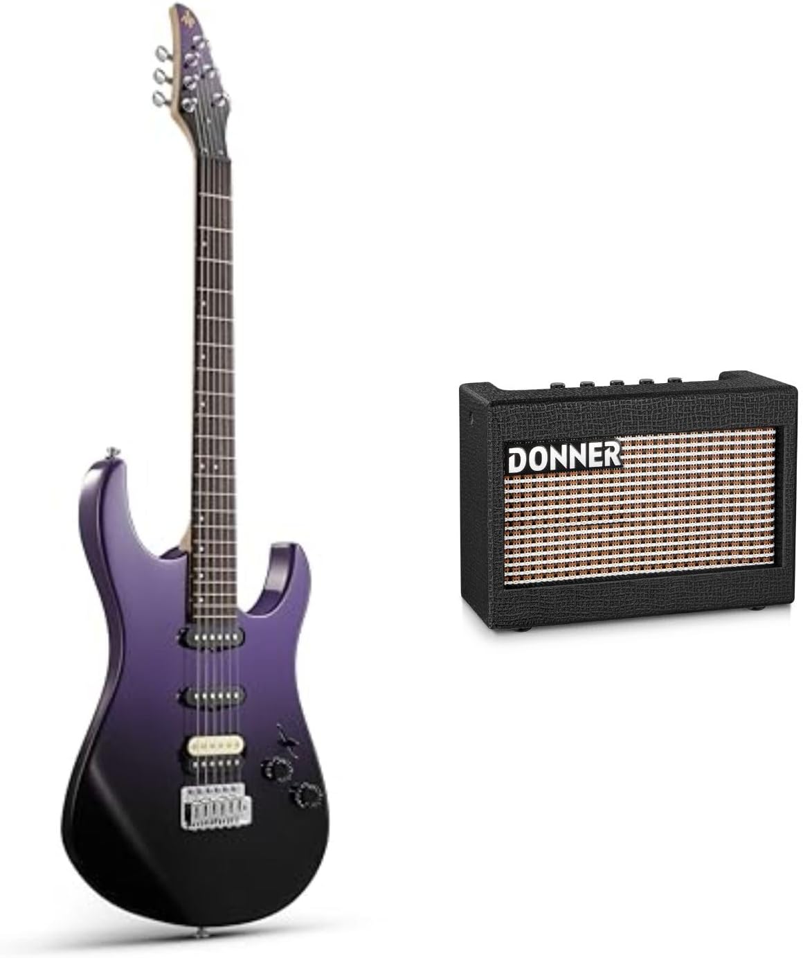 Donner DMT-66 39 Inch Full Size Electric Guitar for Beginner, Starter Electric Guitar Kit with Bag, Purplish Black and Mini Electric Amp
