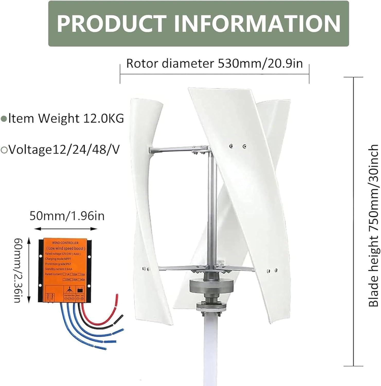 6000W Quiet Vertical Wind Turbine Generator - 3-Blade Residential Windmill for Boats & Street Lighting, Efficient 24V Power Controller, Eco-Friendly Renewable Energy Solution