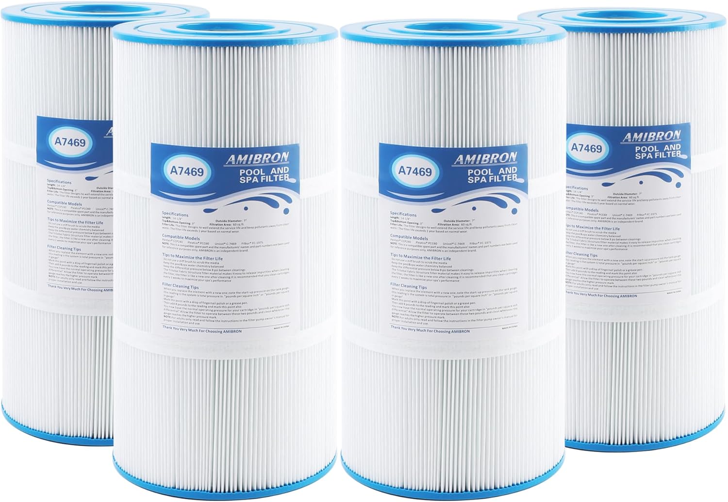 PCC60 Pool Filter Cartridge Replaces Pentair CCP240, Compatible with Unicel C-7469, Pleatco PCC60, Filbur FC-1975, 178569,R173572, 4 X 60 sq.ft. L X OD:14 1/8