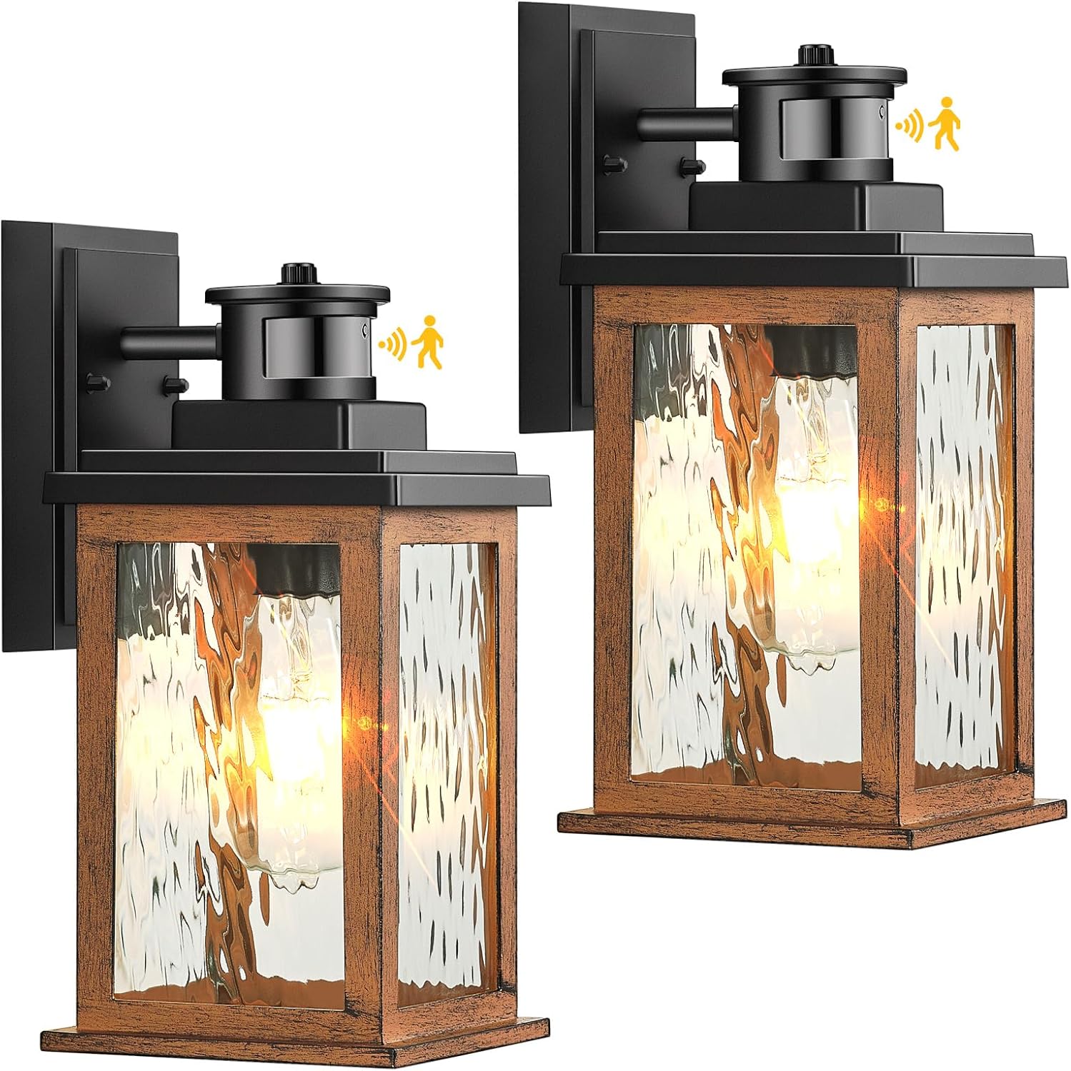 VIANIS 2 Packs Dusk to Dawn Outdoor Lighting for House, Wood Grain Motion Sensor Outdoor Lights Fixture, Garage Light Sconce Wall Mount, Lantern with Waterproof, Anti-Rust 100%, Weather Resistant