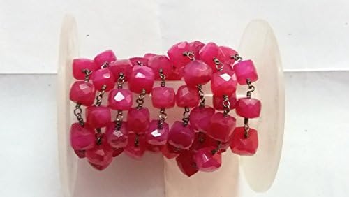 3 Feet Fuchsia Pink Chalcedony Cube Beaded Chain - Fuchsia Chalcedony Box Qxidized Wire Wrapped Chain - Chalcedony Cube Size 7-8mm
