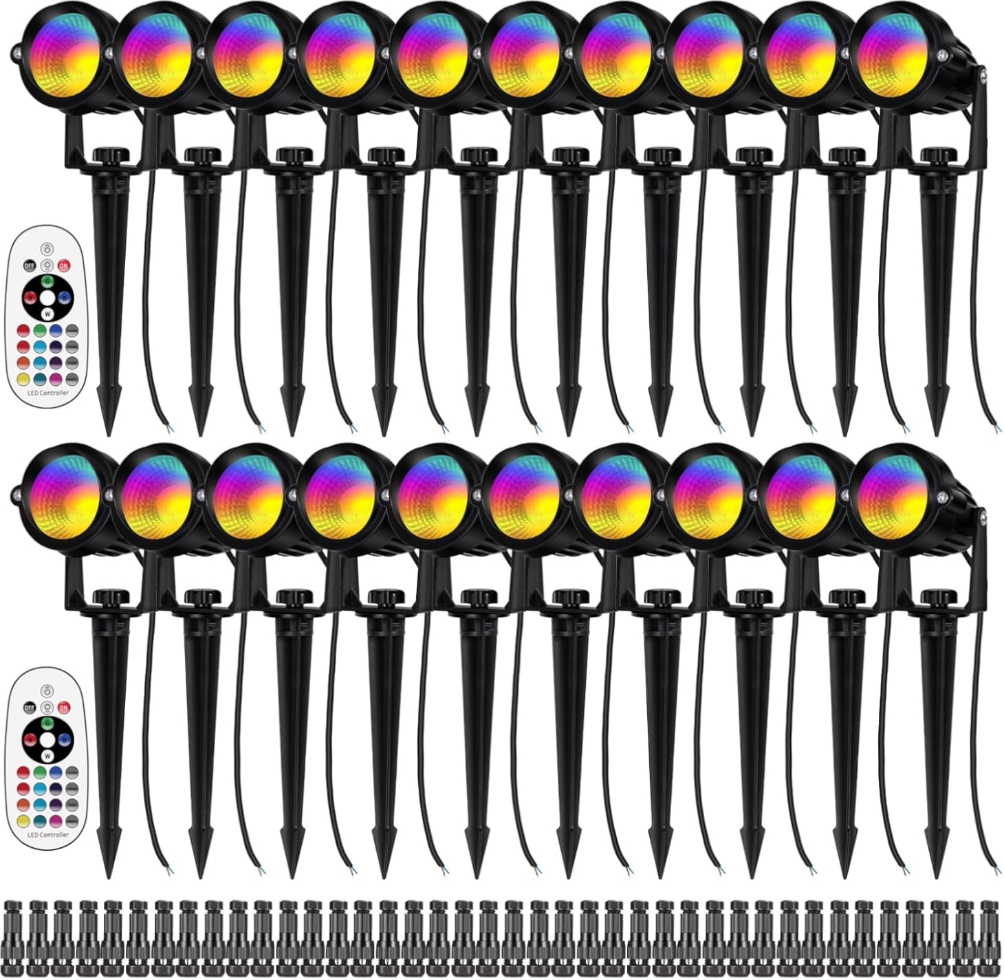 12W RGB Color Changing Landscape Lights Low Voltage LED Landscape Lighting Remote Control Spotlight Waterproof Garden Pathway Christmas Decorative Lights Outdoor, 20 Pack with Connector