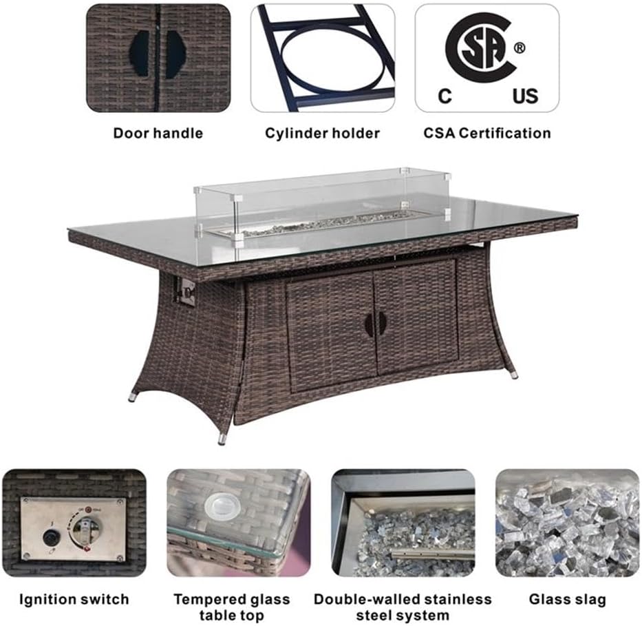 Direct Wicker Brown Aluminum Fire Pit Dining Table with Tempered Glass