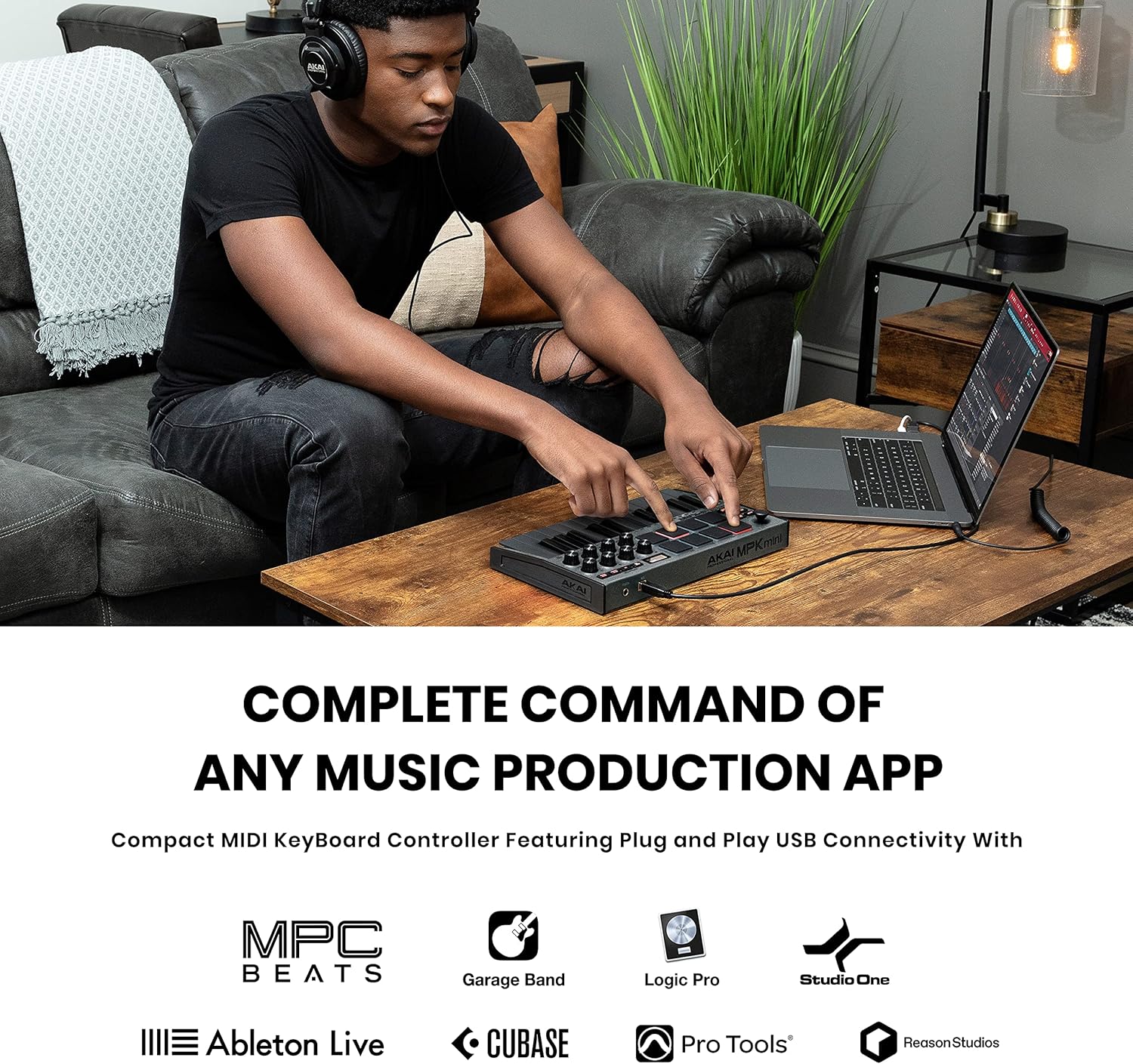 AKAI Professional MPK Mini MK3-25 Key USB MIDI Keyboard Controller With 8 Backlit Drum Pads (Grey) & On-Stage DS7200B Adjustable Desktop Microphone Stand, Black