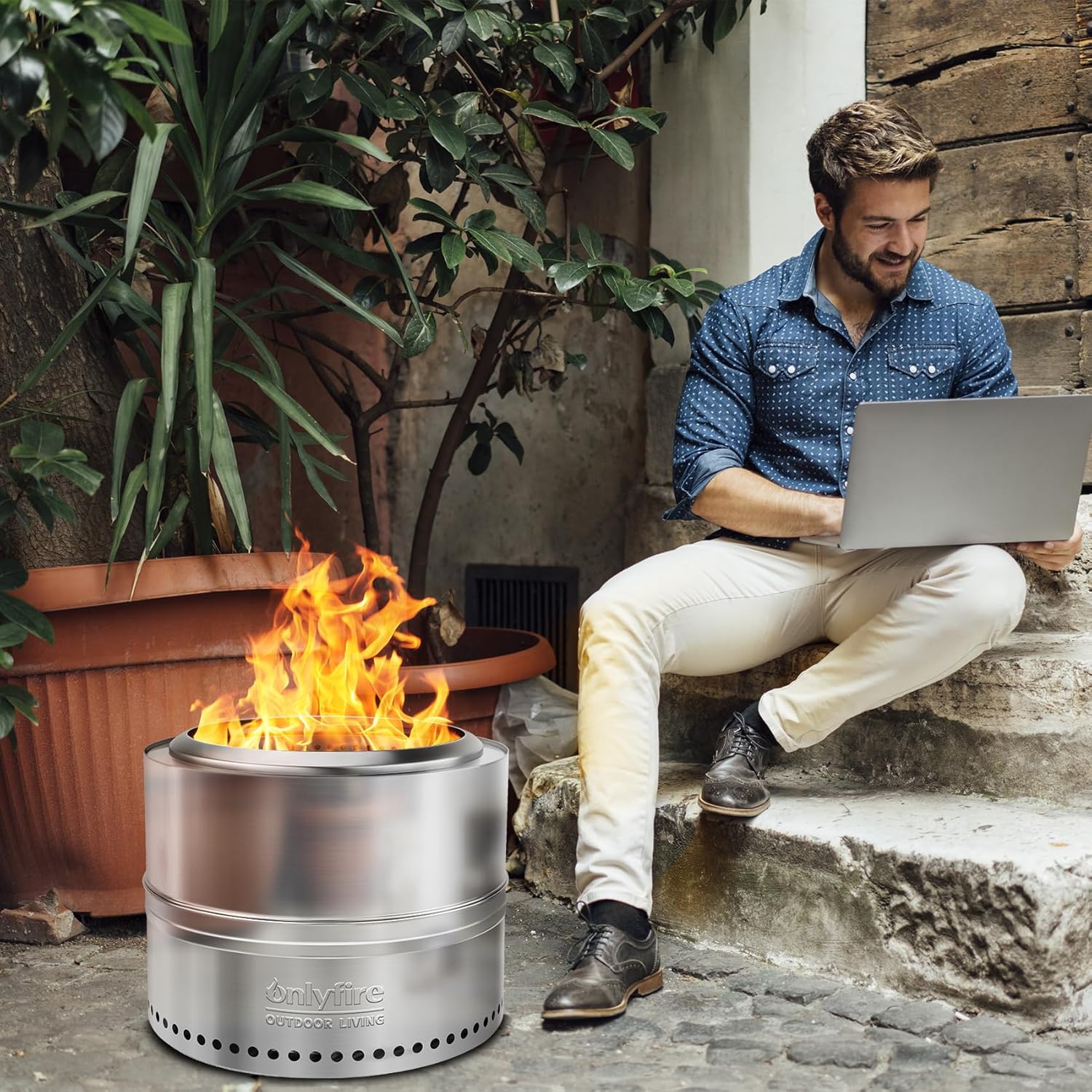 ONLYFIRE OUTDOOR LIVING Wood Burning Fire Pit with Carrying Bag, 19.5” Detachable Portable Firepit for Camping Tailgating Patio Backyard Bonfire, Smokeless Fireplace, Stainless Steel FP036