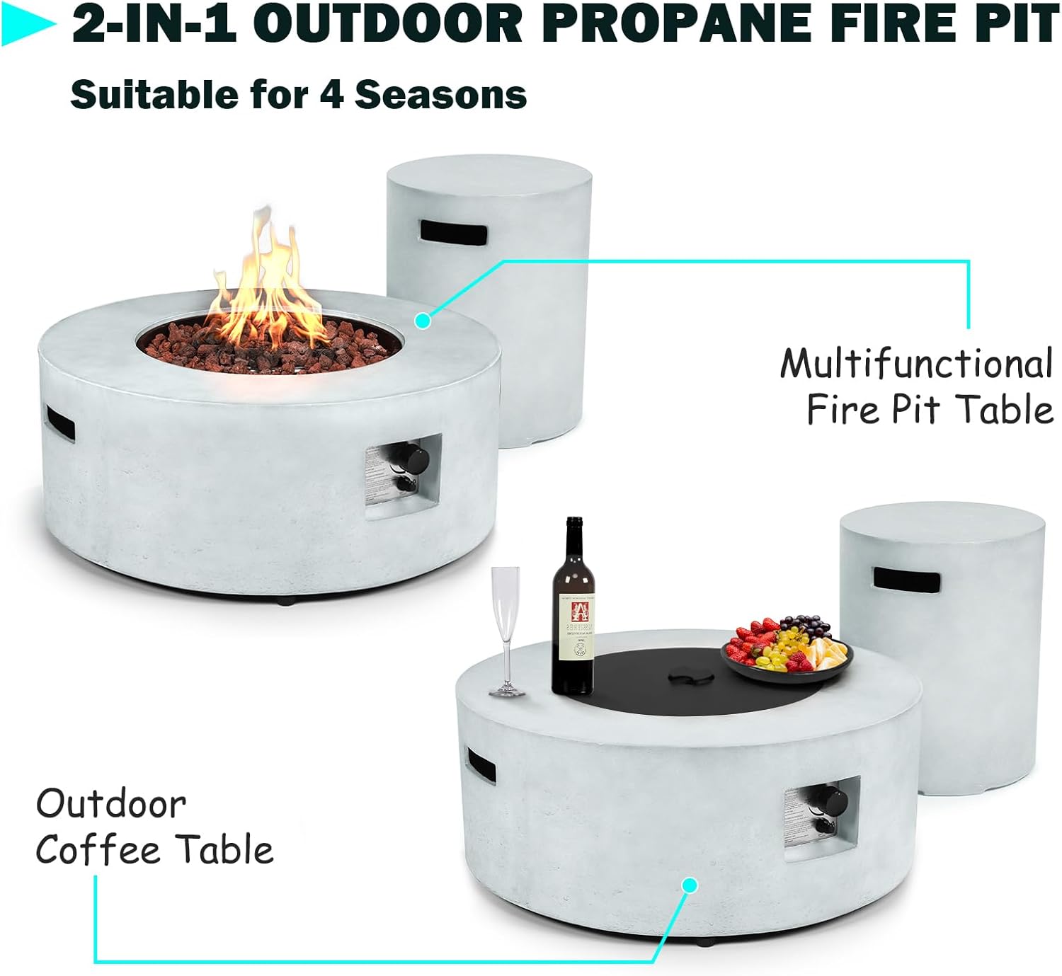 36 Inch Round Fire Pit Table,Propane Fire Pit Table Outdoor Firepit 2-Piece 50,000 BTU Gas Concrete Fire Pit Tank Cover w Lid,Lava Rocks, Rain Cover for Backyard & Deck