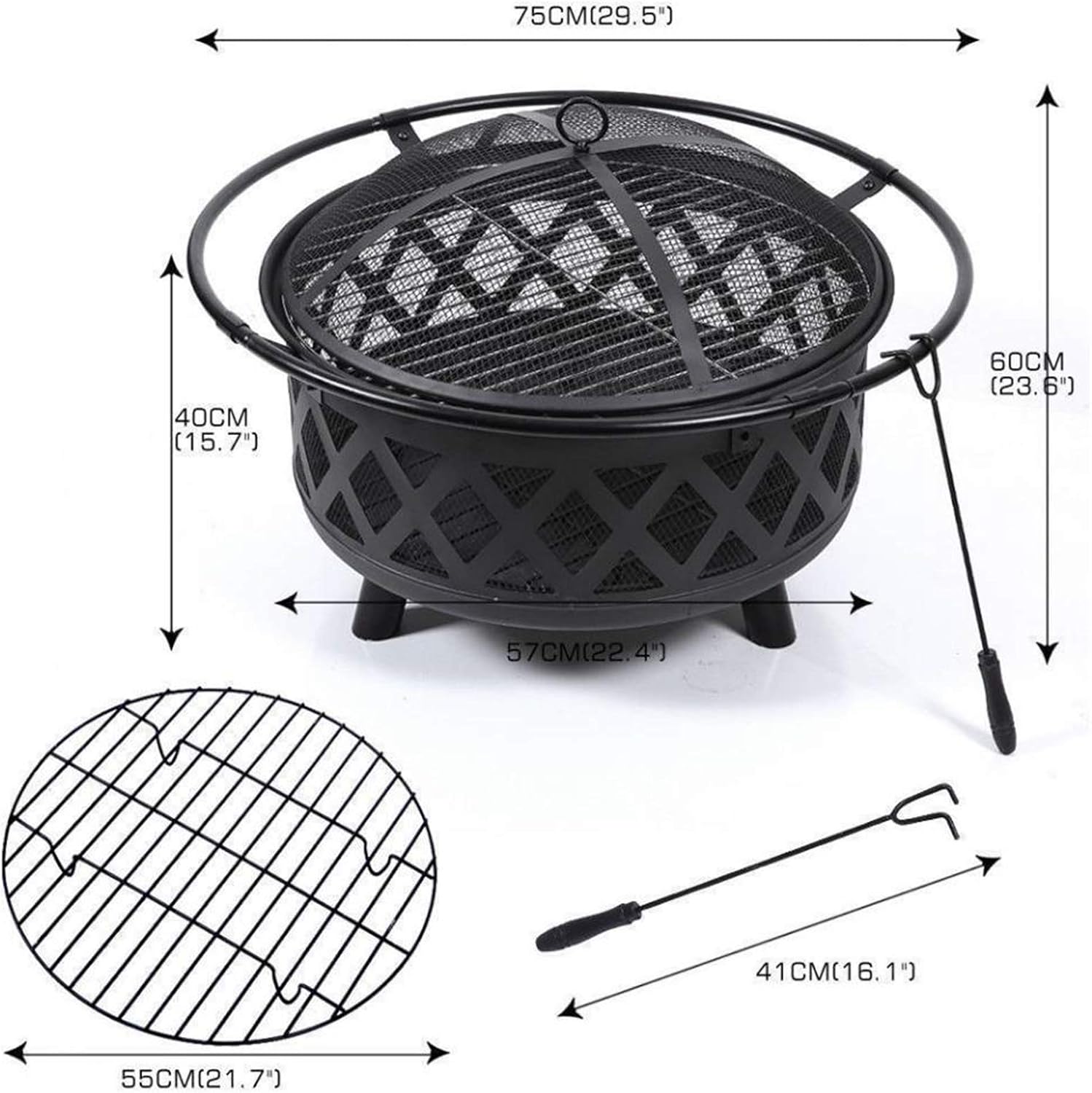 Outdoor Fire Pit Garden Grill Wood Burning Fire Pit,29 Inch Outdoor Backyard Patio Fireplace with Cooking Grill Grate,Poker and Spark Screen Mesh,Black Grill Barbecue Rack