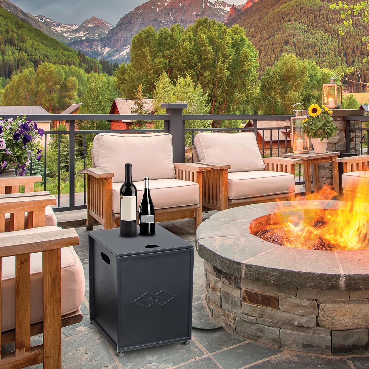 16‘’ Wide Outdoor Propane Tank Cover - 20 Lbs Tank Side Table with Storage, Dual Function for Gas Fire Pit, Grill, Griddle & Stoves Portable Design with Handles