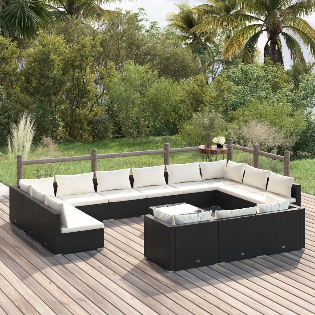 14 Piece Patio Lounge Set with Cushions Black Poly Rattan,Stylish and Comfortable Modular Patio Lounge Set for Outdoor Relaxation and Entertainment Patio Furniture Sets, Outdoor Furniture Sets