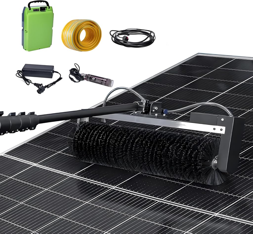 24.6FT Water Fed Solar Panel Cleaner Brush and Pole,Solar Panel Cleaning Kit, with Telescopic Pole & Water Supply, 360°Rotatable Solar Cleaning Brush Battery