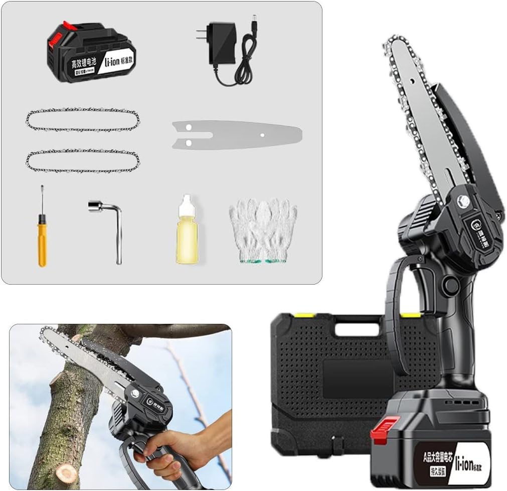 Cordless Chainsaw With Charger,Mini Chain Saw,Mini Chainsaw With Battery ,Cordless Battery Power, Portable Electric Chainsaw, Suitable For Gardening, Wood, Outdoor Camping ( Battery *1 : 2*Chain )