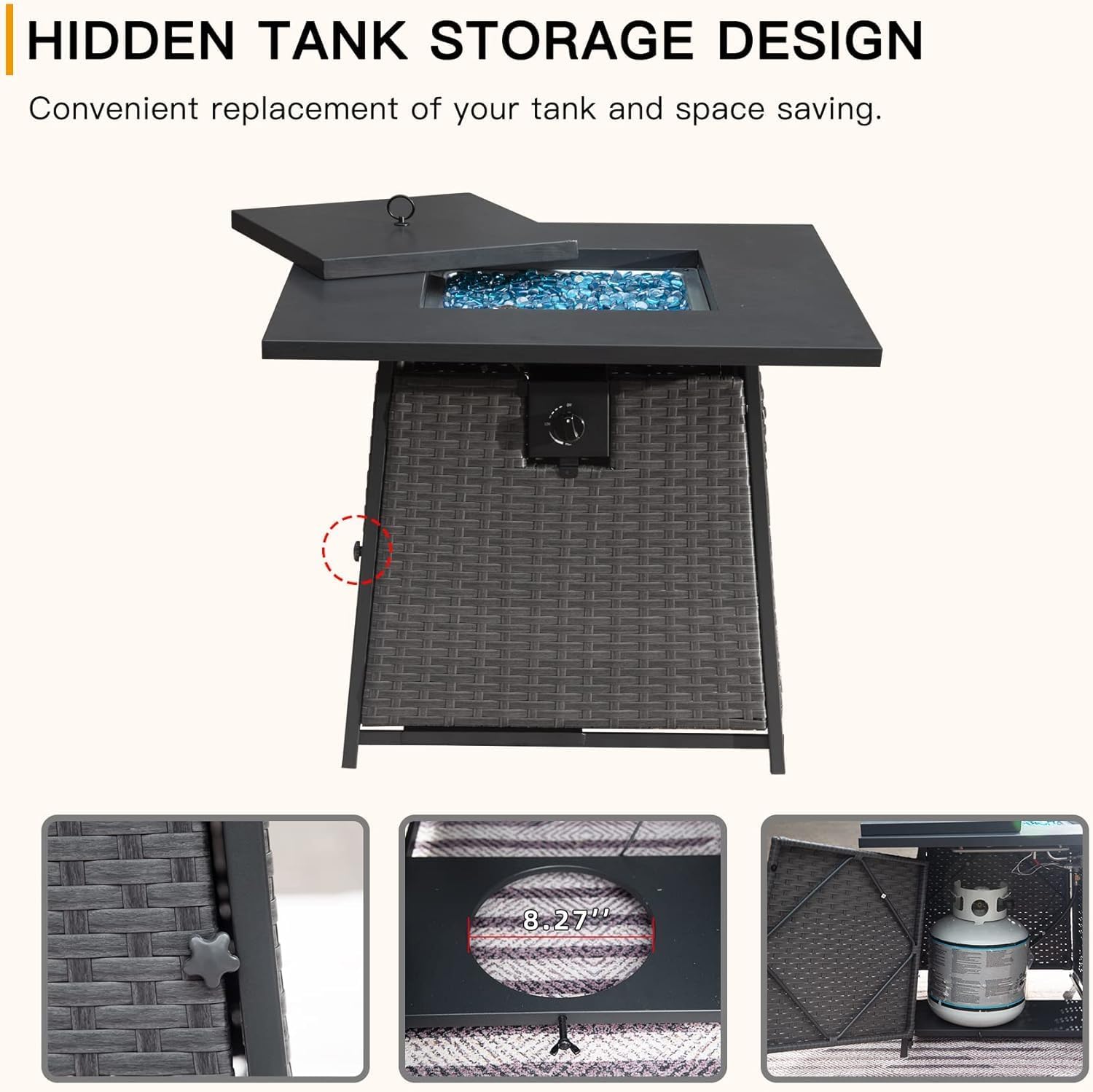 32 Inch Propane Fire Pits Table with Blue Glass Ball,50,000 BTU Outdoor Wicker Fire Table with ETL Certified,2 in 1 Square Steel Gas Firepits (Dark Gray)