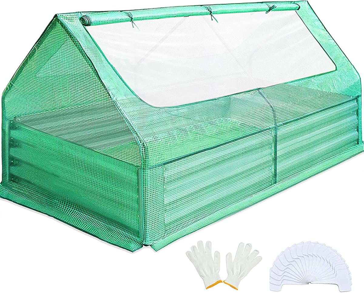 Quictent 6x3x1ft Galvanized Raised Garden Bed with Cover Metal Planter Bottomless Box w/ 2 Large Screen Windows Mini Greenhouse 20pcs T-Tags 1 Pair Gloves Outdoor Growing Vegetables (Green)