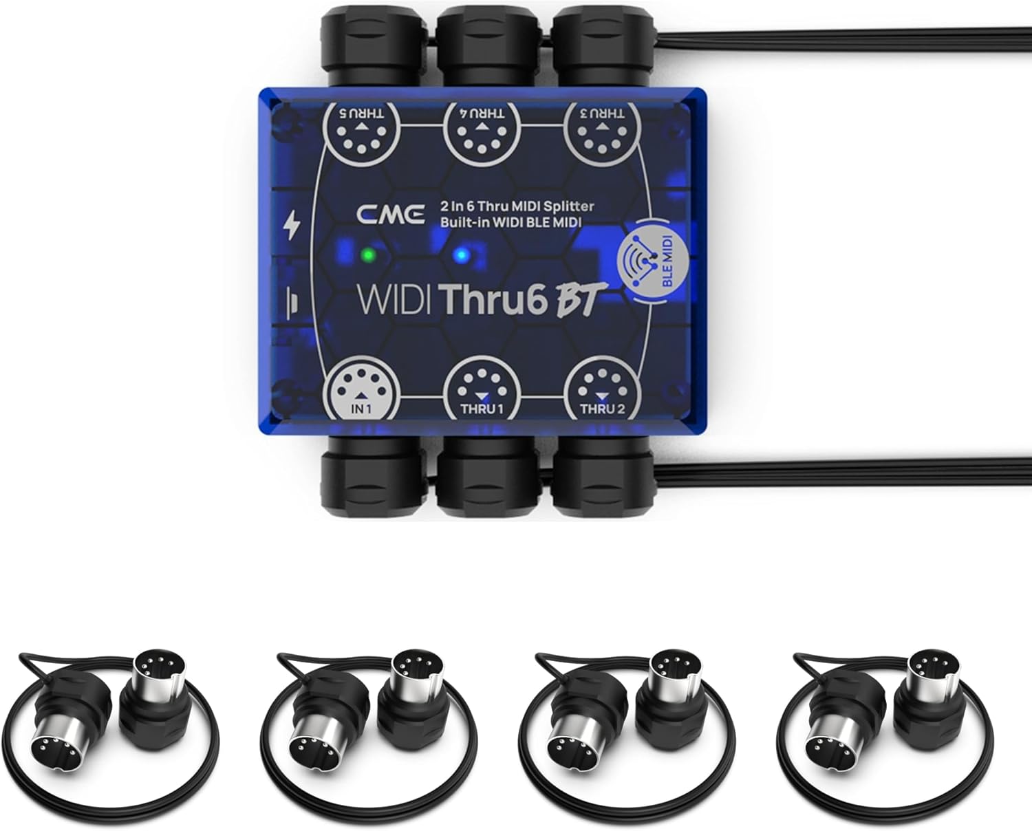 CME WIDI Thru6 BT + 4-Pack 1-FT MIDI Cables - 2-in-6-out MIDI Thru/Split with 5-pin DIN and Bluetooth MIDI + 4-Pack 5-pin DIN Low-Profile MIDI cables