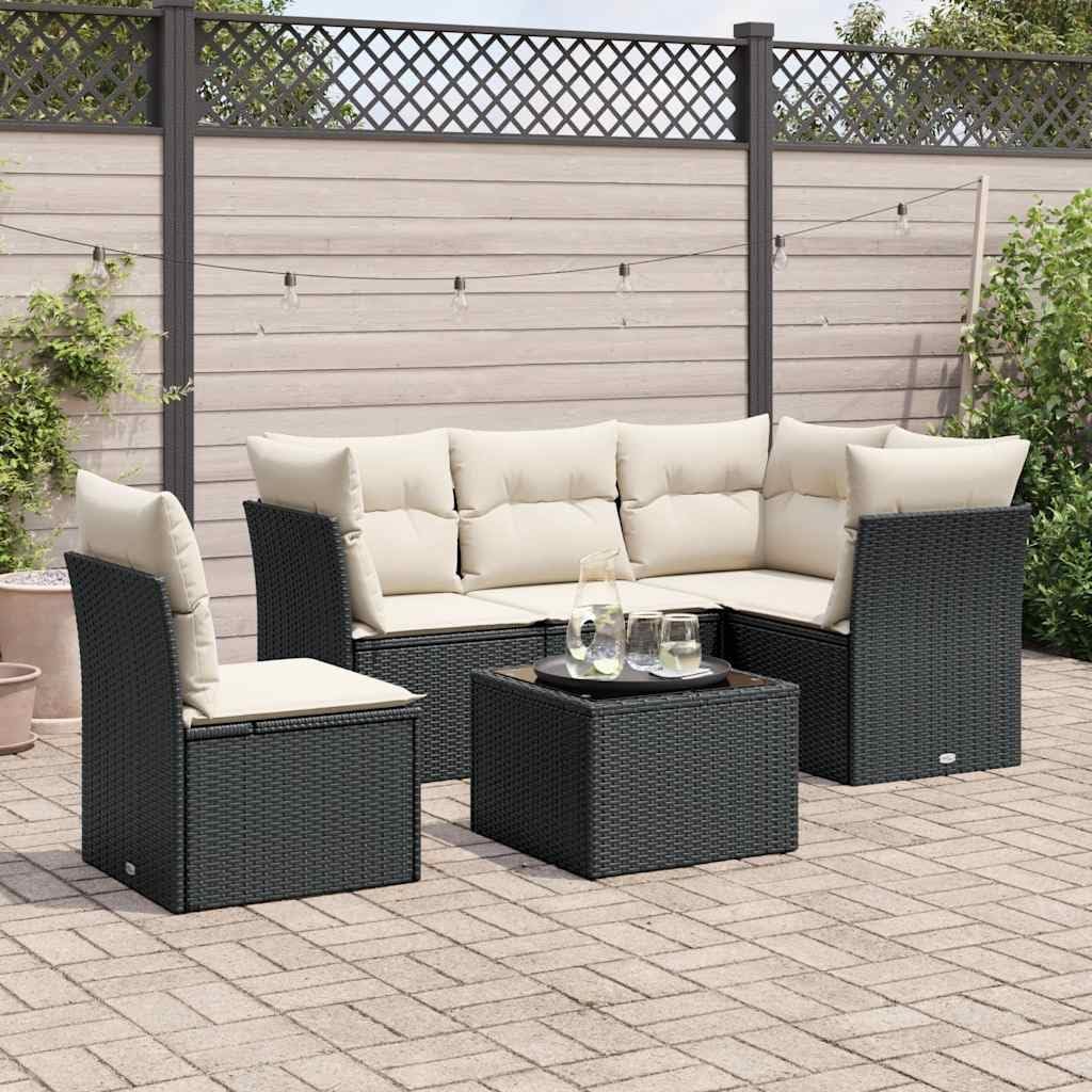 6-Piece Garden Sofa Set, Black PE Rattan Modular Outdoor Patio Furniture with Tempered Glass Table, UV-Resistant Balcony Dining Set